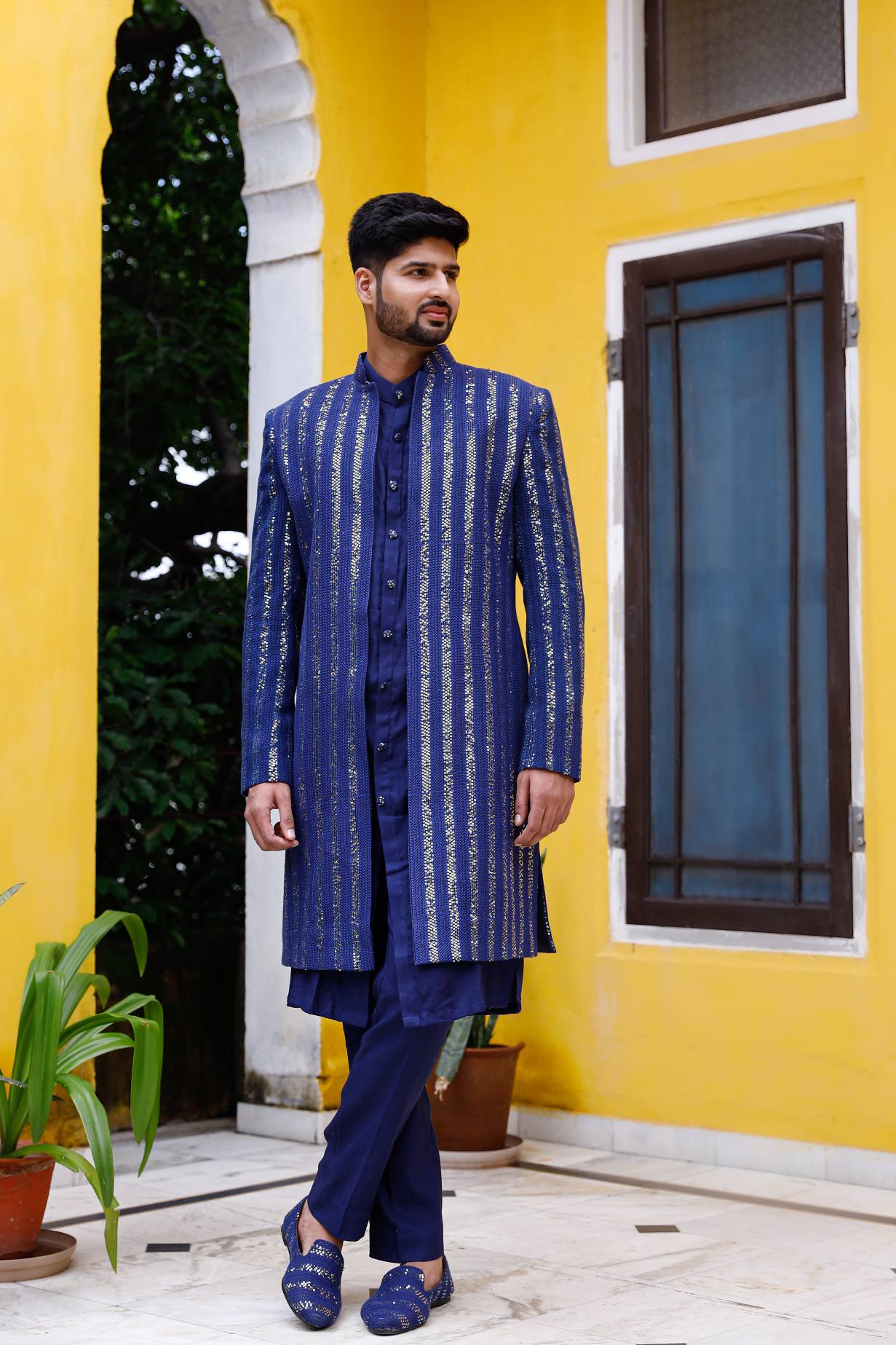 Deep Blue Chikenkari Sherwani set with shoe
