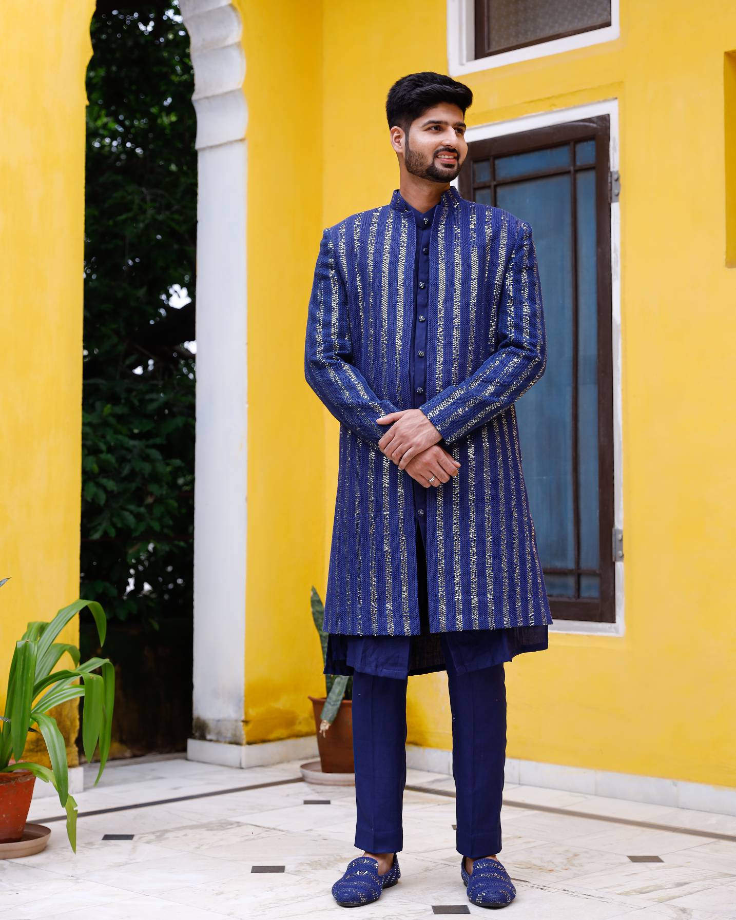 Deep Blue Chikenkari Sherwani set with shoe