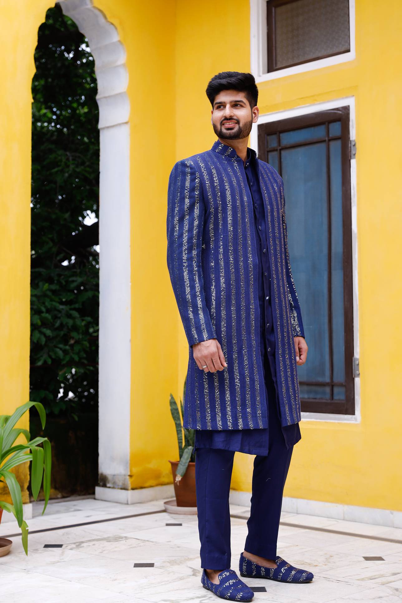 Deep Blue Chikenkari Sherwani set with shoe