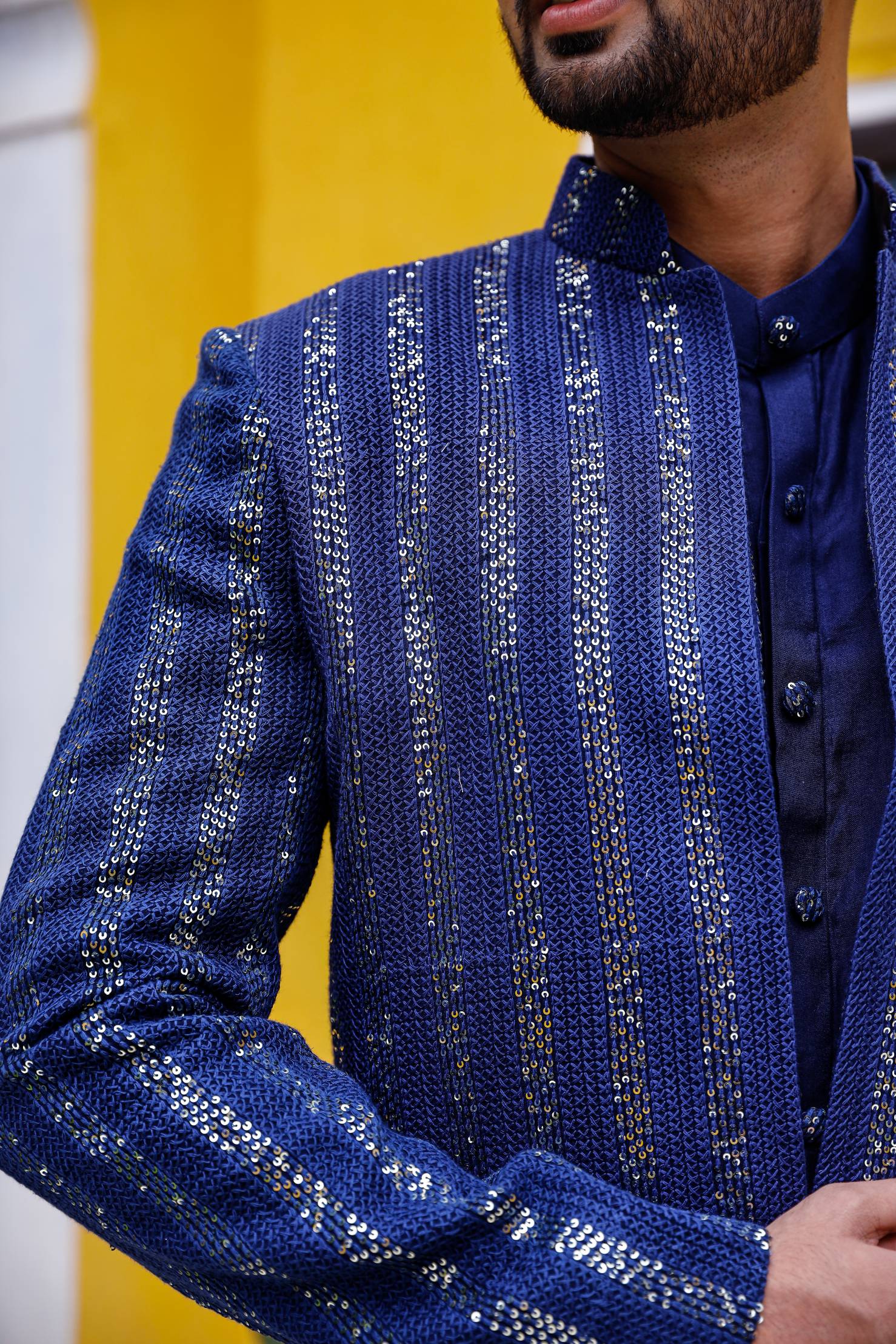 Deep Blue Chikenkari Sherwani set with shoe