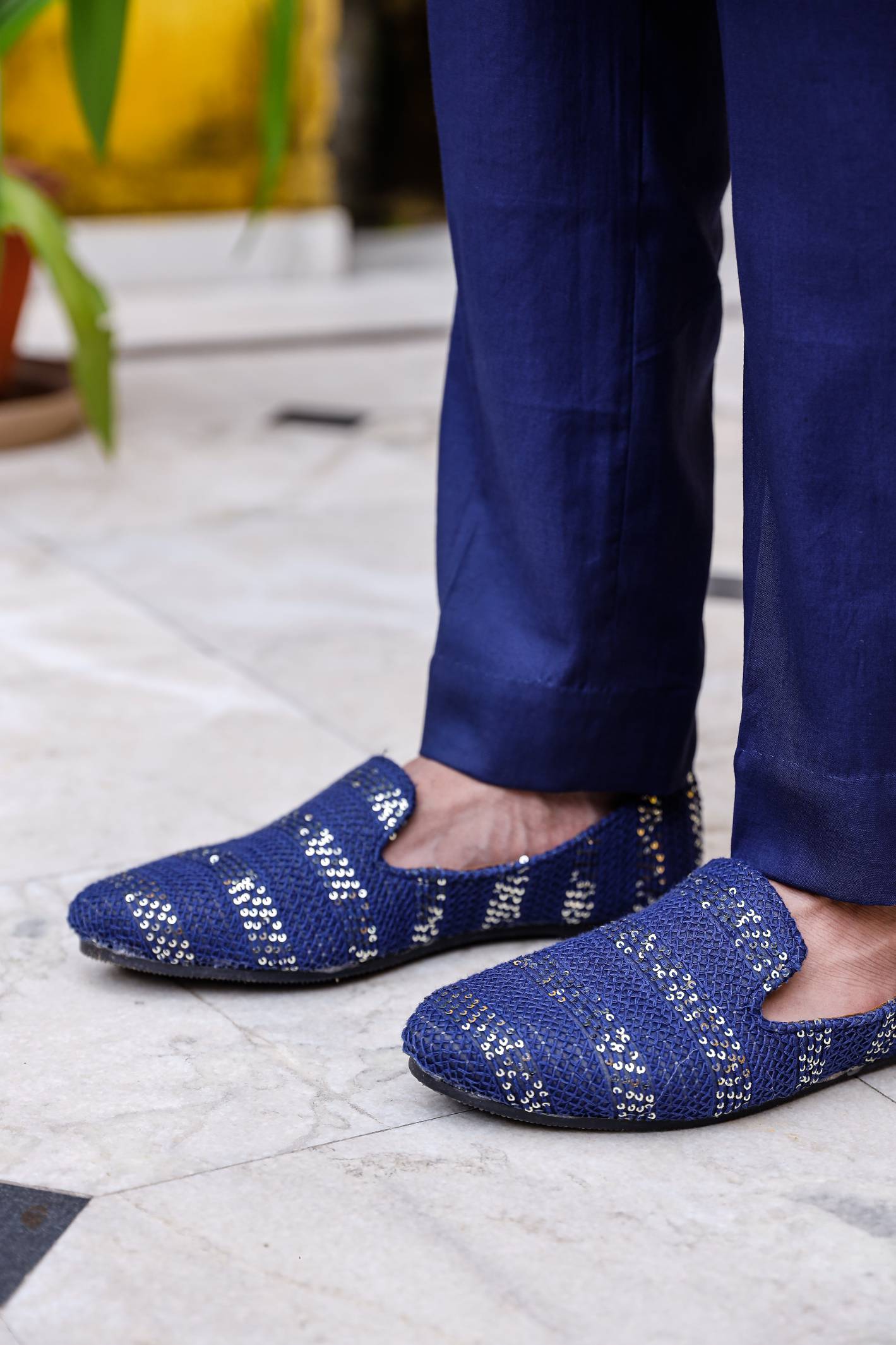 Deep Blue Chikenkari Sherwani set with shoe