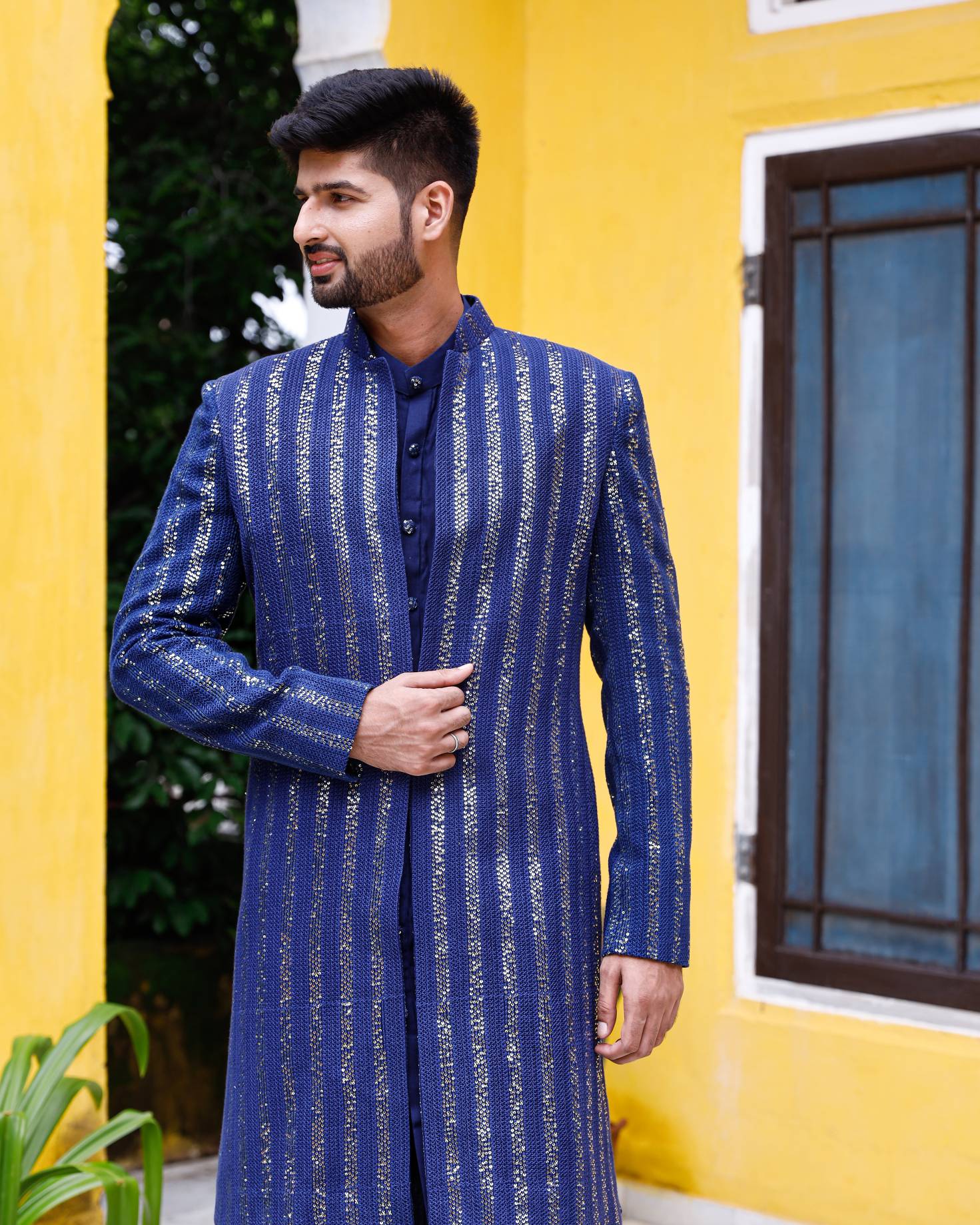 Deep Blue Chikenkari Sherwani set with shoe