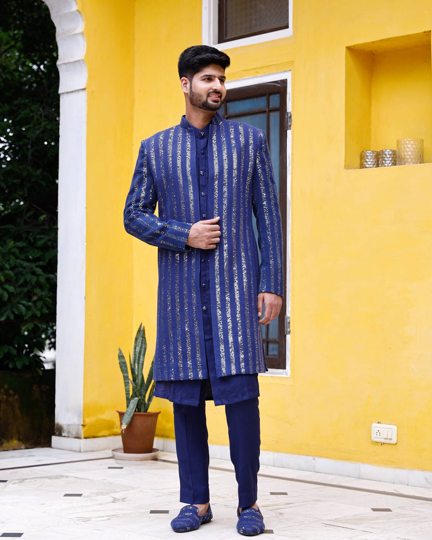 Deep Blue Chikenkari Sherwani set with shoe