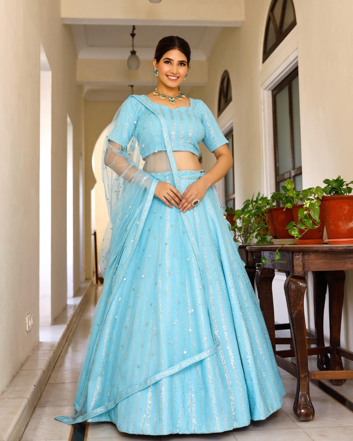 Farrasa Sky Blue Chikankari Lehenga Set