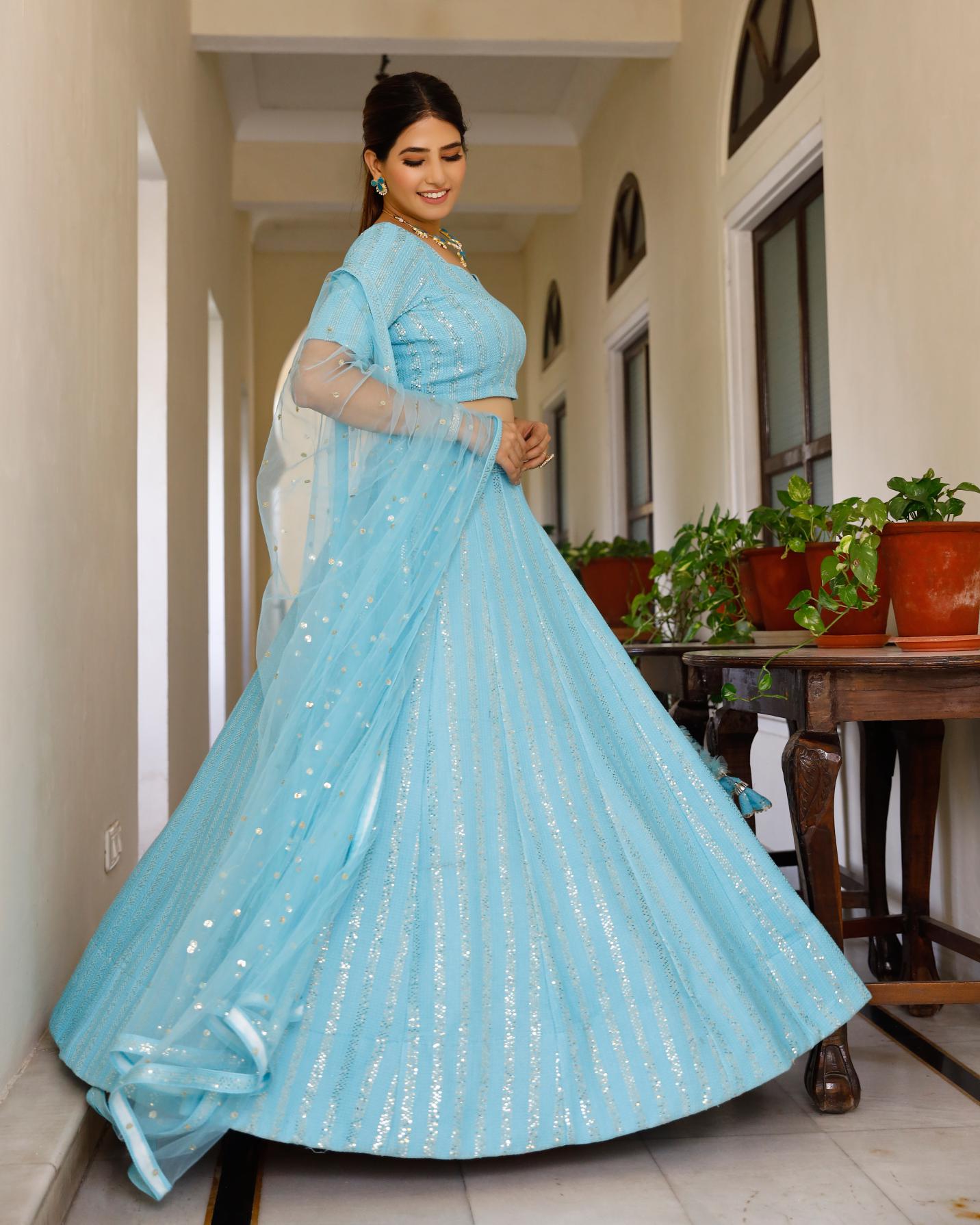 Farrasa Sky Blue Chikankari Lehenga Set