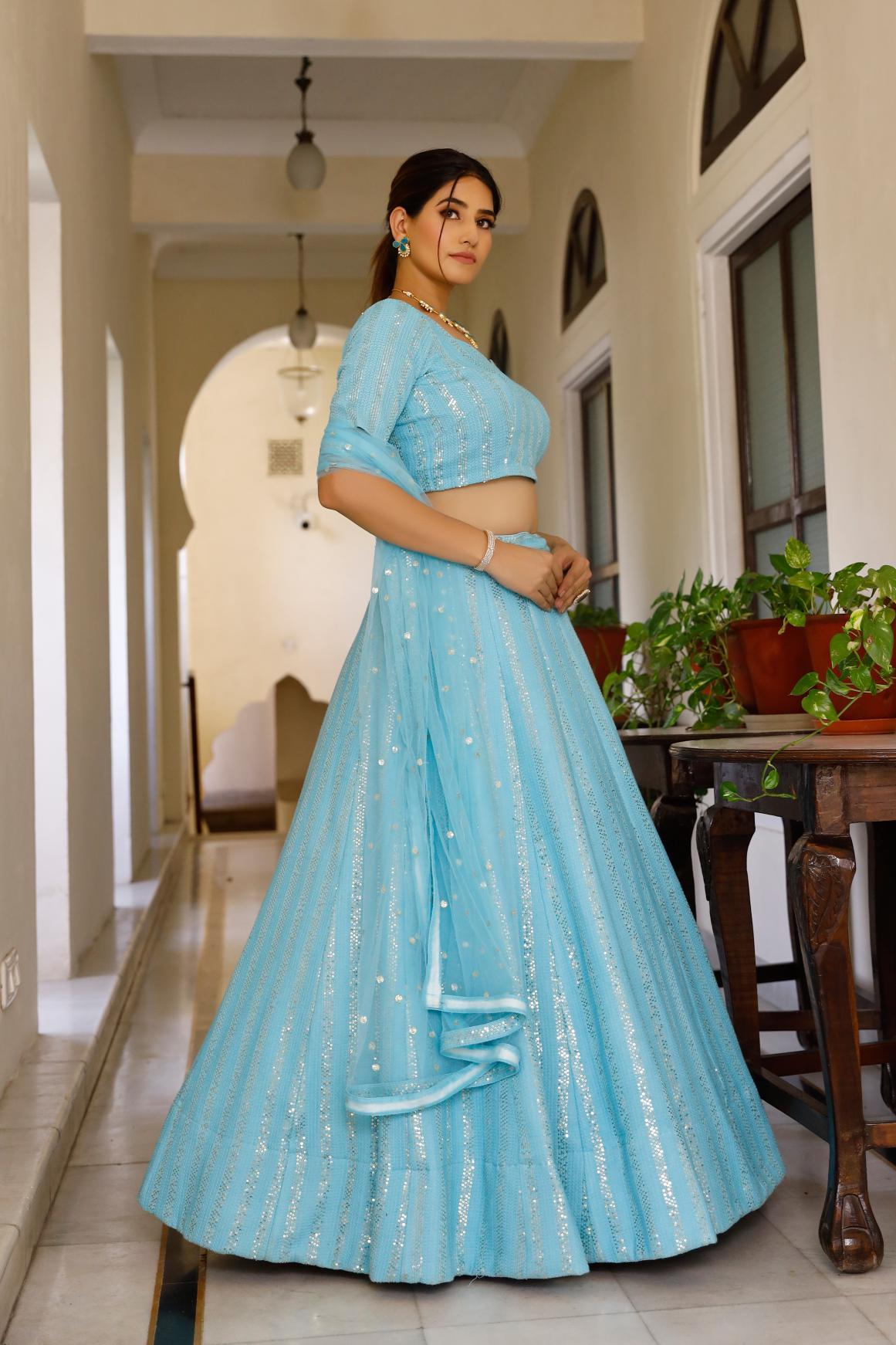 Farrasa Sky Blue Chikankari Lehenga Set