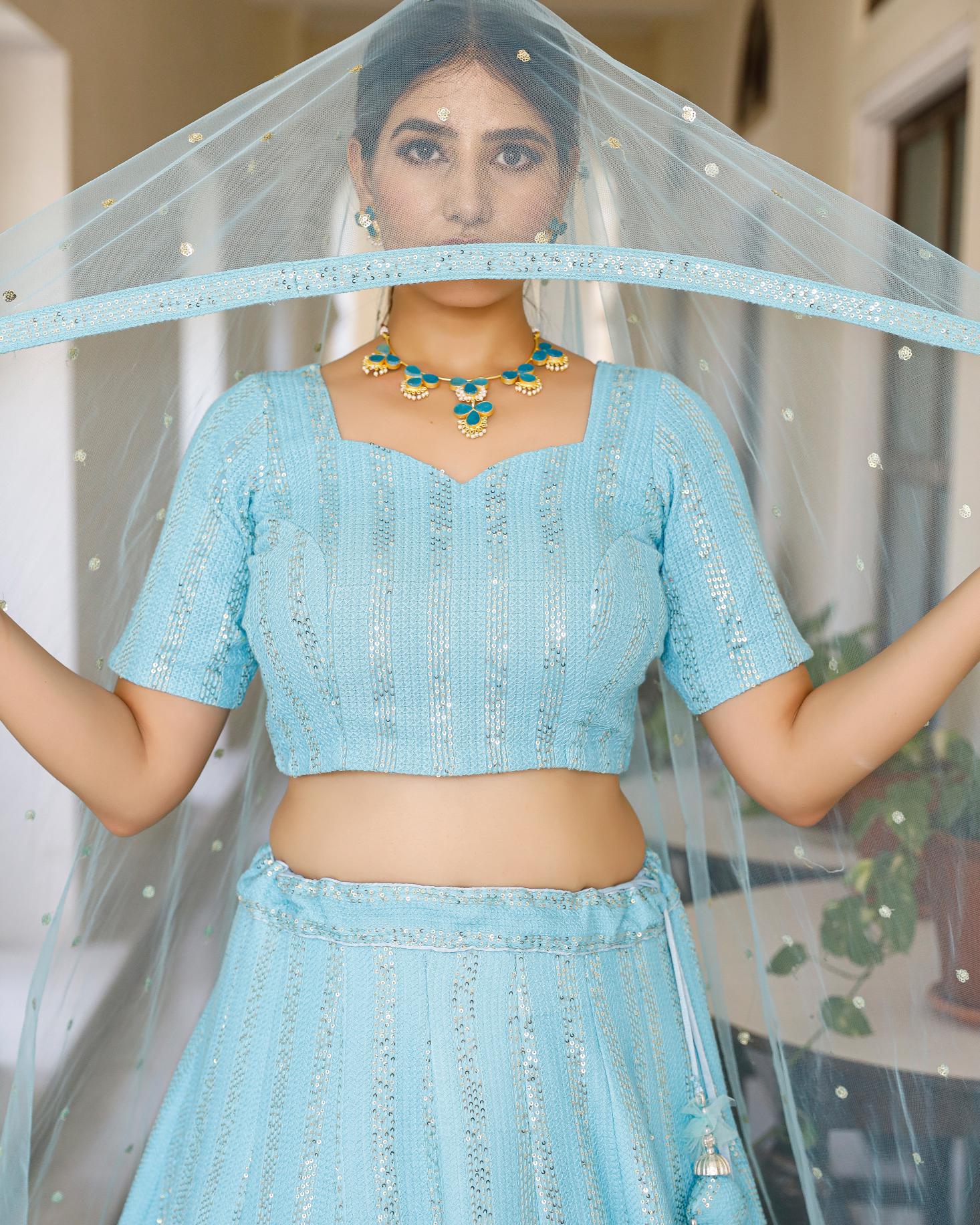 Farrasa Sky Blue Chikankari Lehenga Set