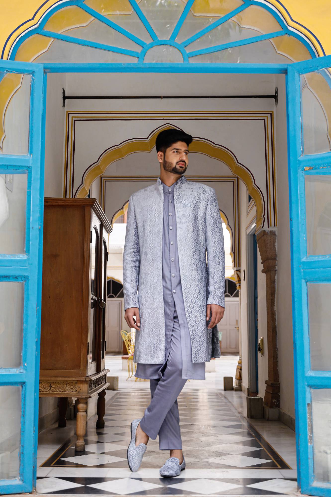 pastel grey Chikenkari Sherwani with shoe