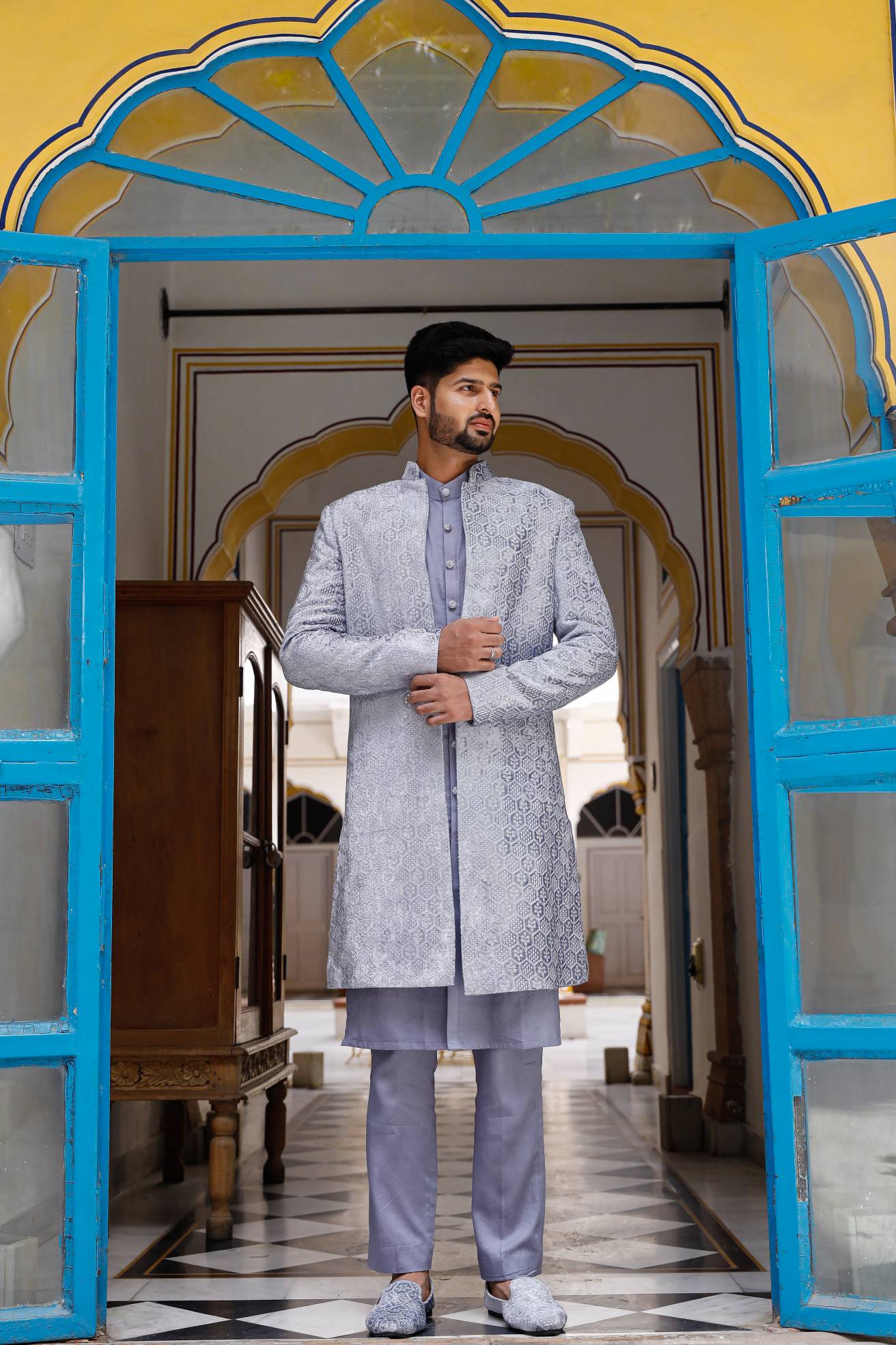 pastel grey Chikenkari Sherwani with shoe
