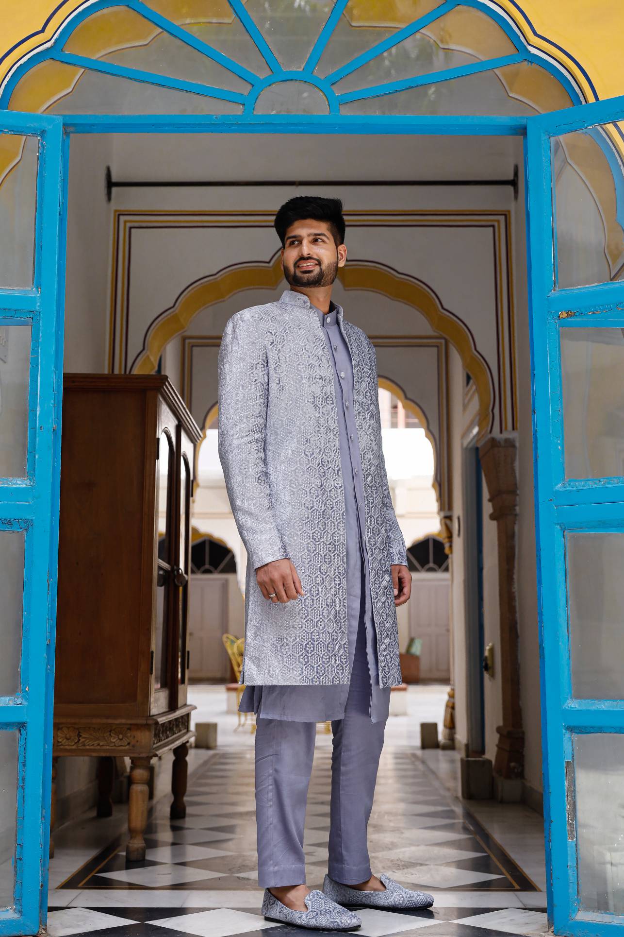 pastel grey Chikenkari Sherwani with shoe