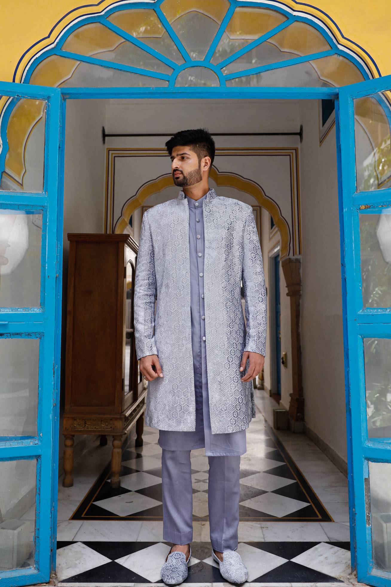 pastel grey Chikenkari Sherwani with shoe