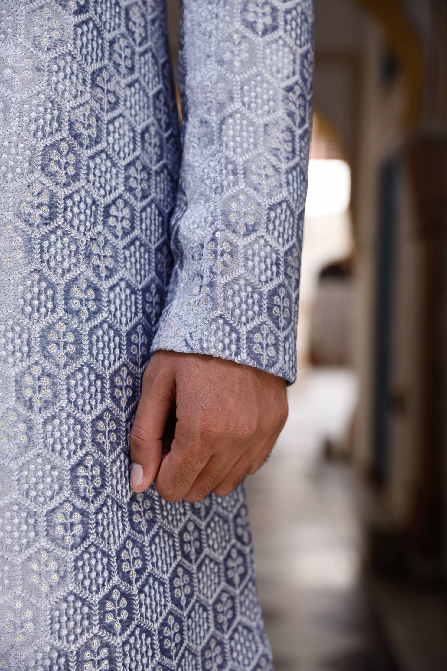 pastel grey Chikenkari Sherwani with shoe