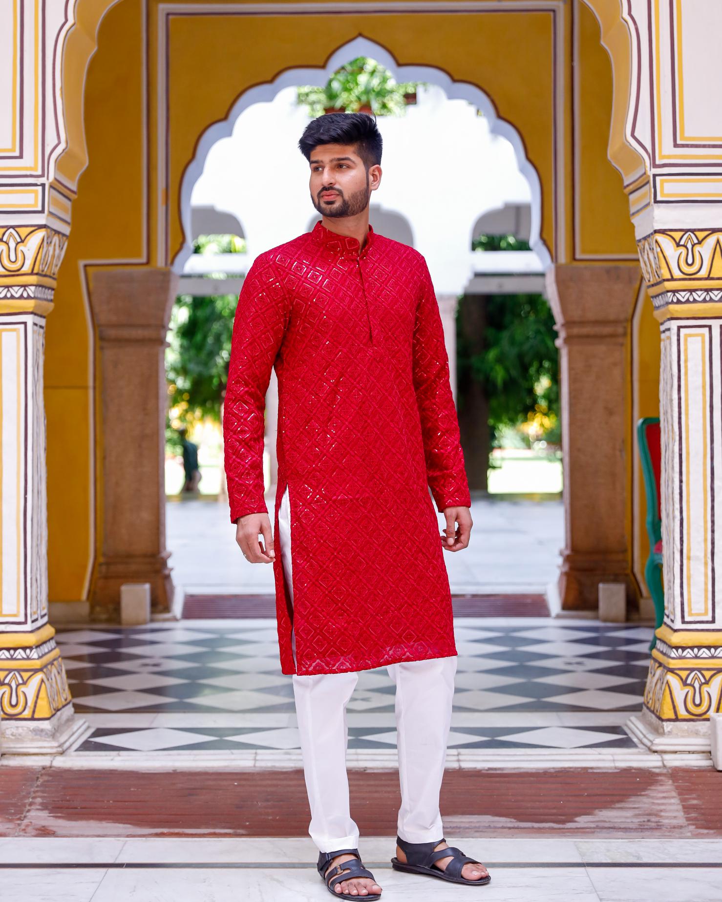 Cherry Pink Thread and Sequence Kurta set
