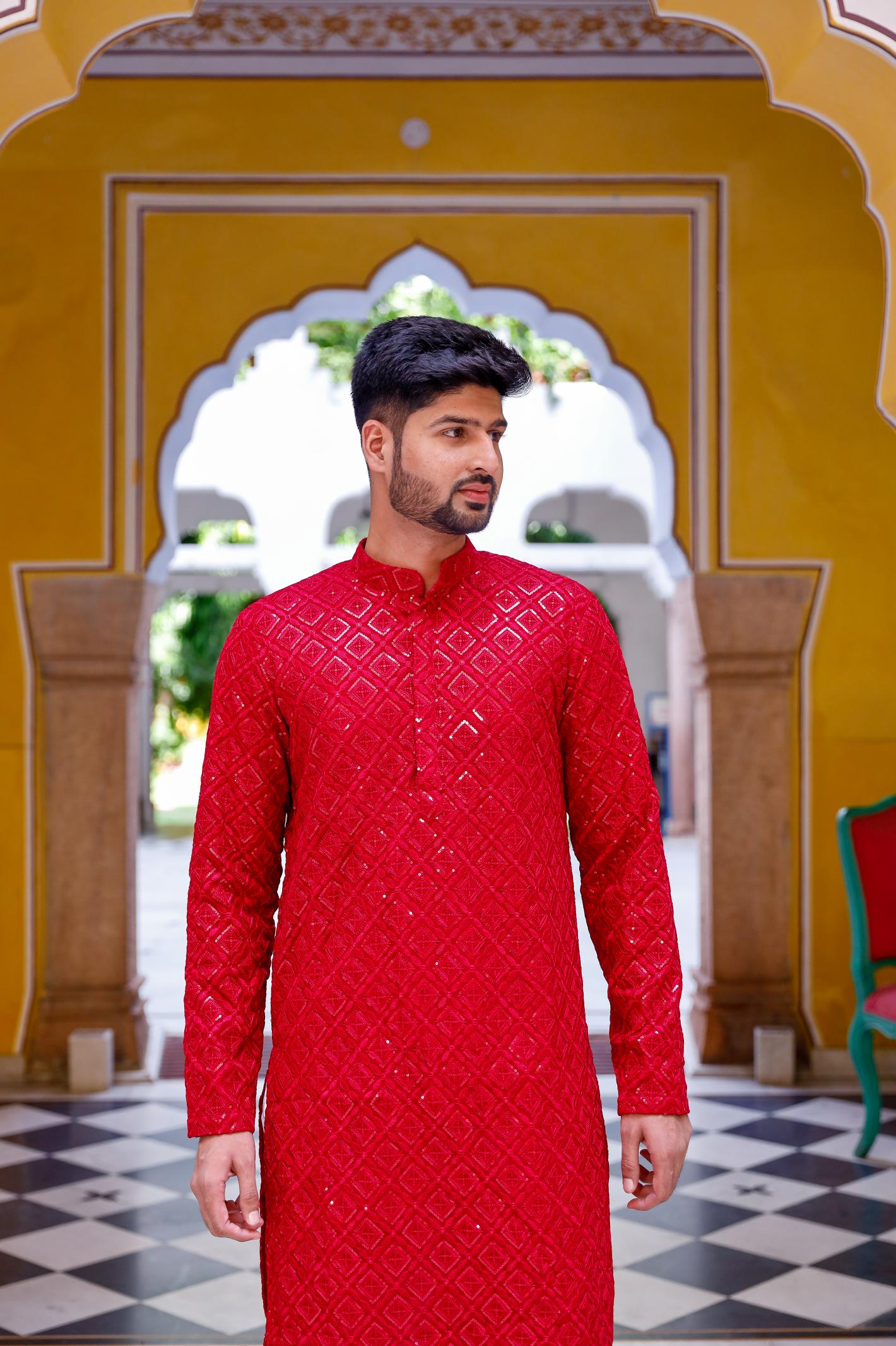 Cherry Pink Thread and Sequence Kurta set