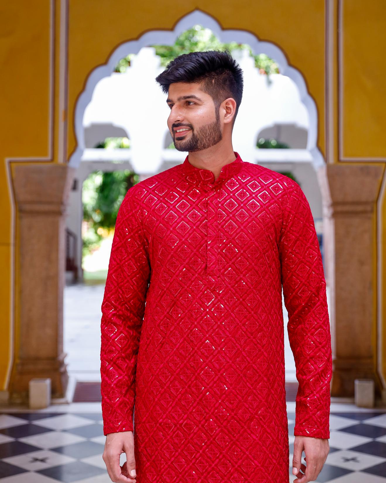 Cherry Pink Thread and Sequence Kurta set