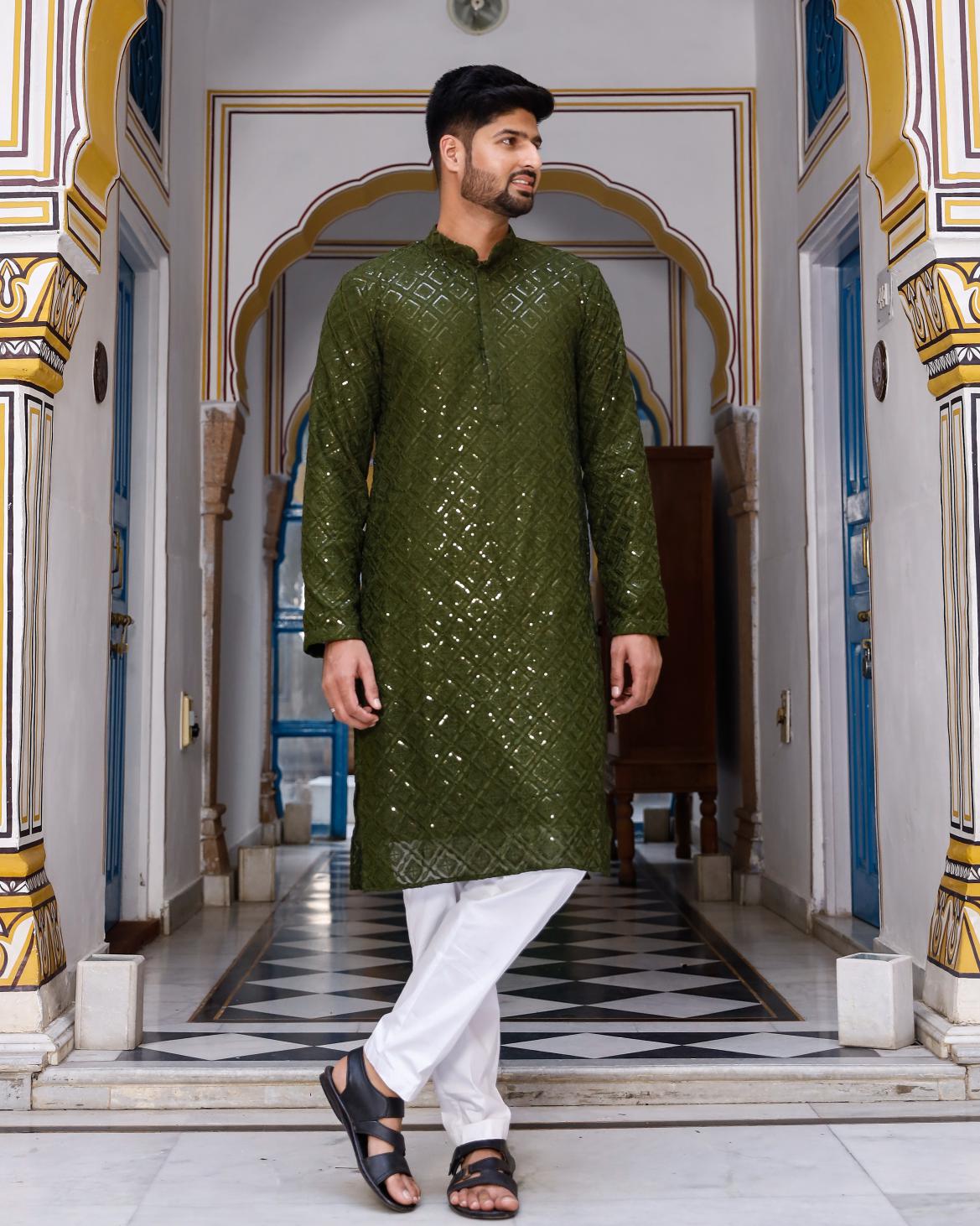 Olive Thread and Sequence Work Men's Kurta set