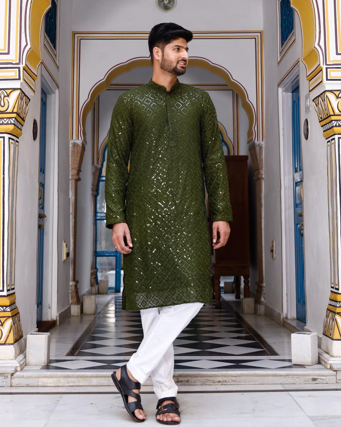 Olive Thread and Sequence Work Men's Kurta set