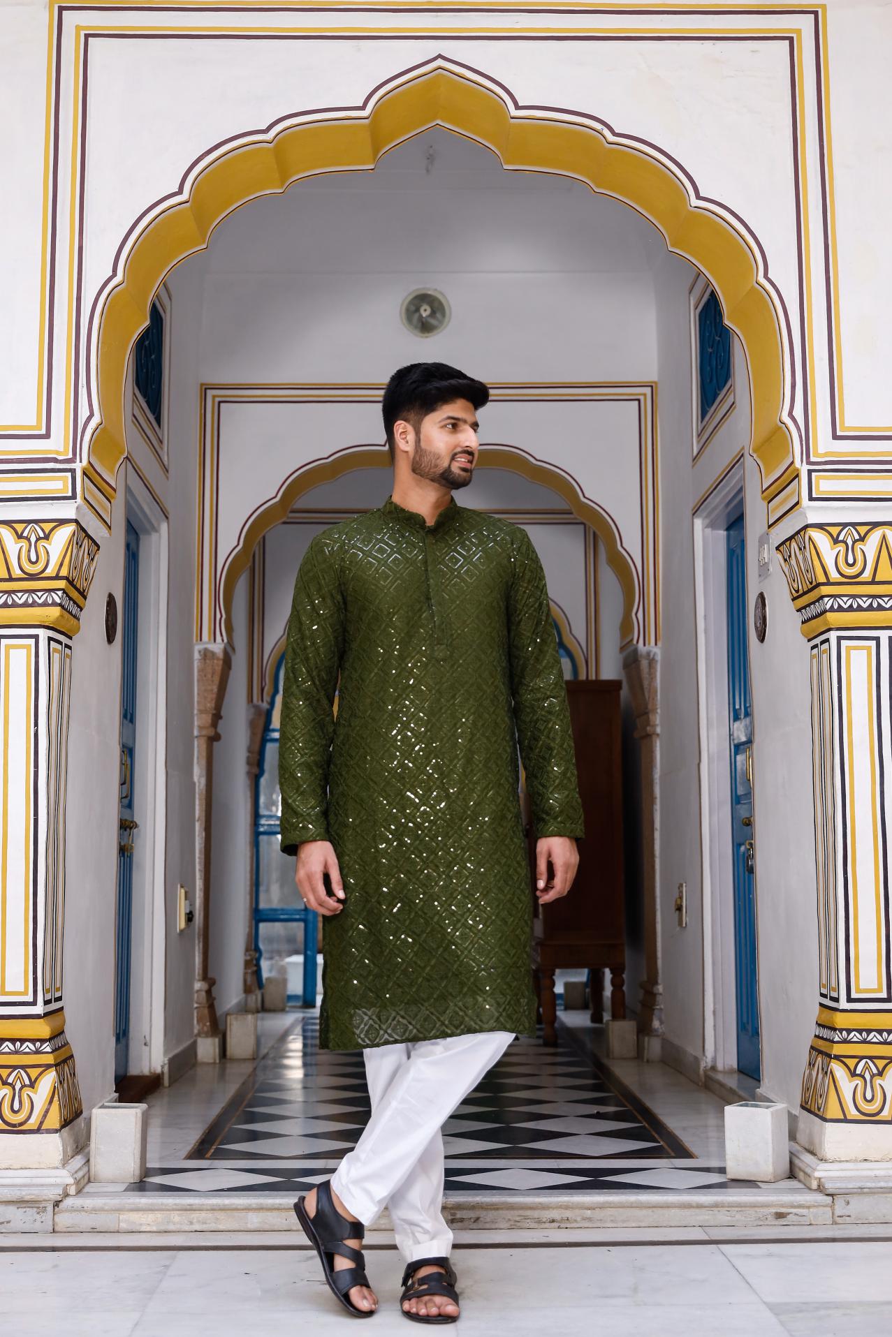 Olive Thread and Sequence Work Men's Kurta set