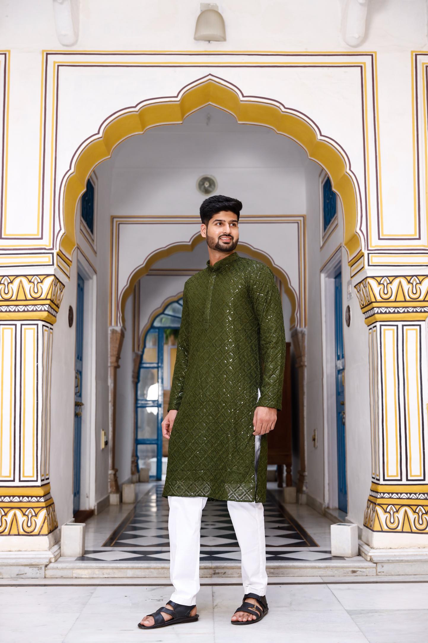 Olive Thread and Sequence Work Men's Kurta set