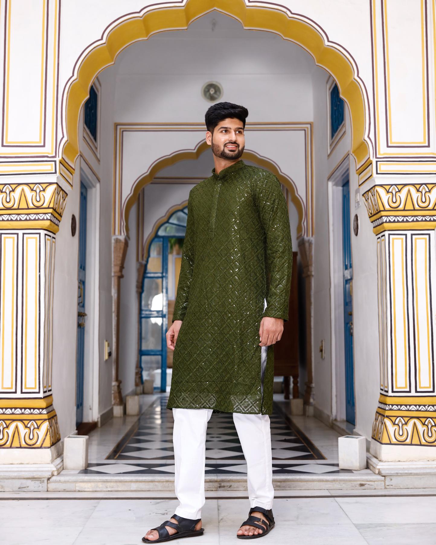 Olive Thread and Sequence Work Men's Kurta set