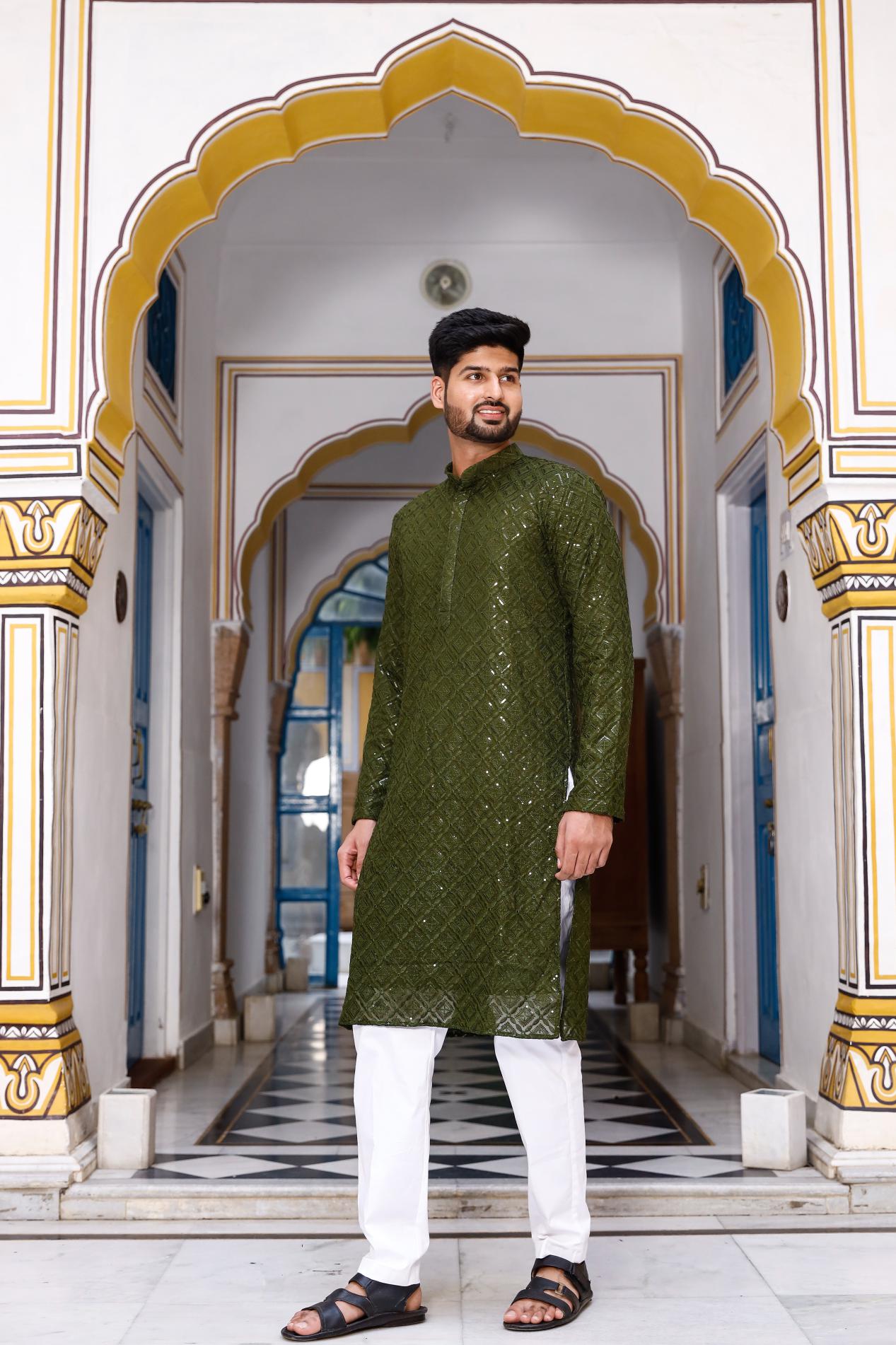 Olive Thread and Sequence Work Men's Kurta set