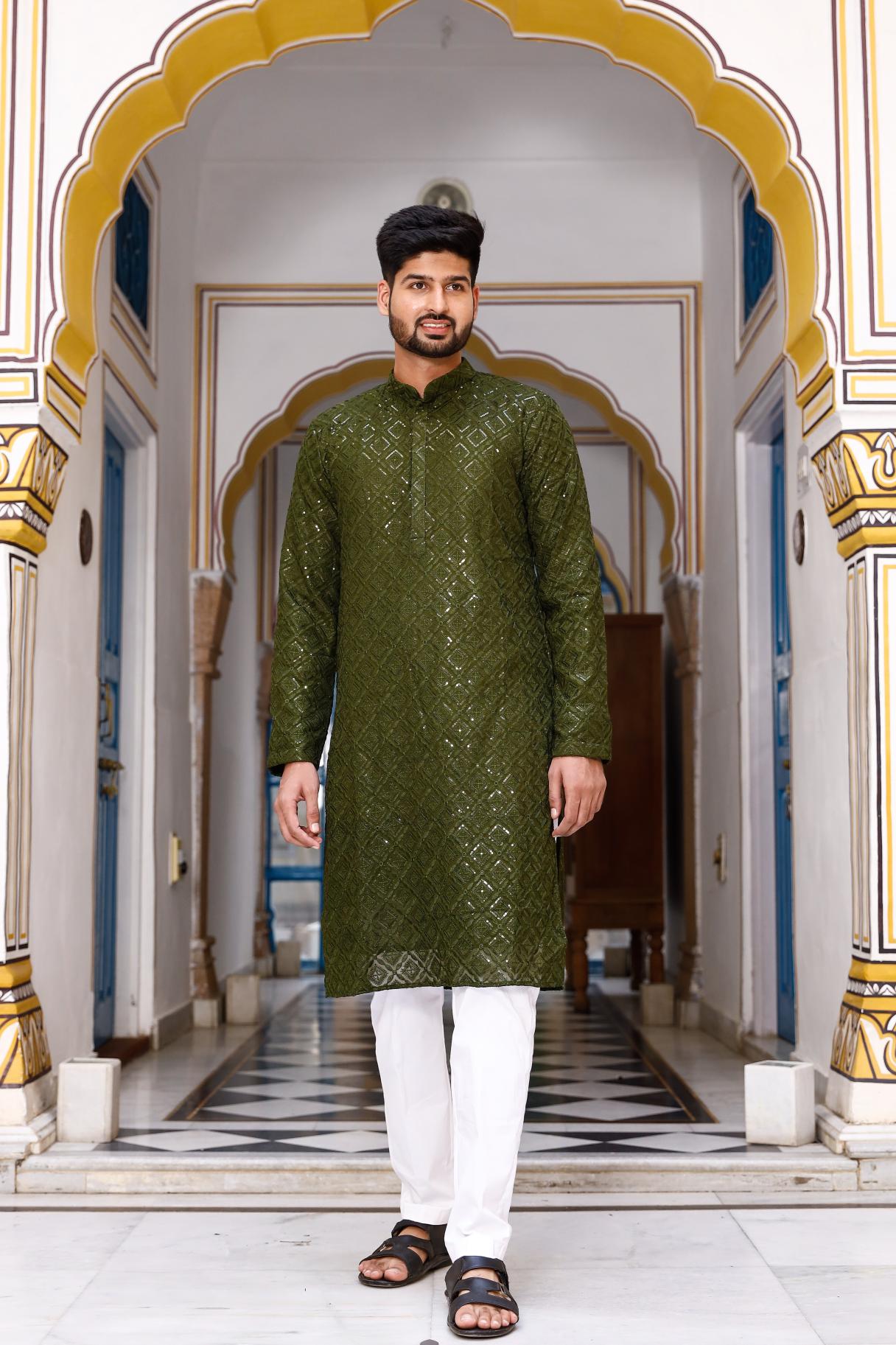 Olive Thread and Sequence Work Men's Kurta set
