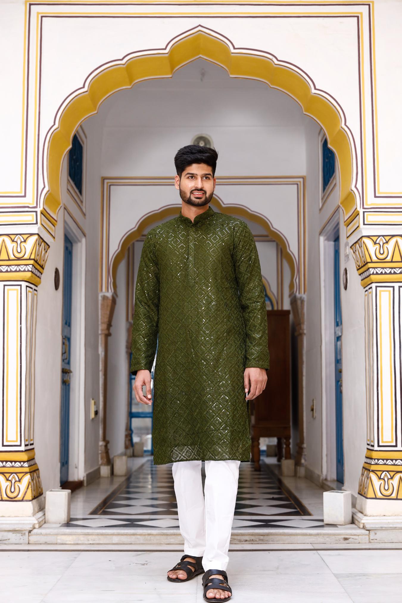 Olive Thread and Sequence Work Men's Kurta set