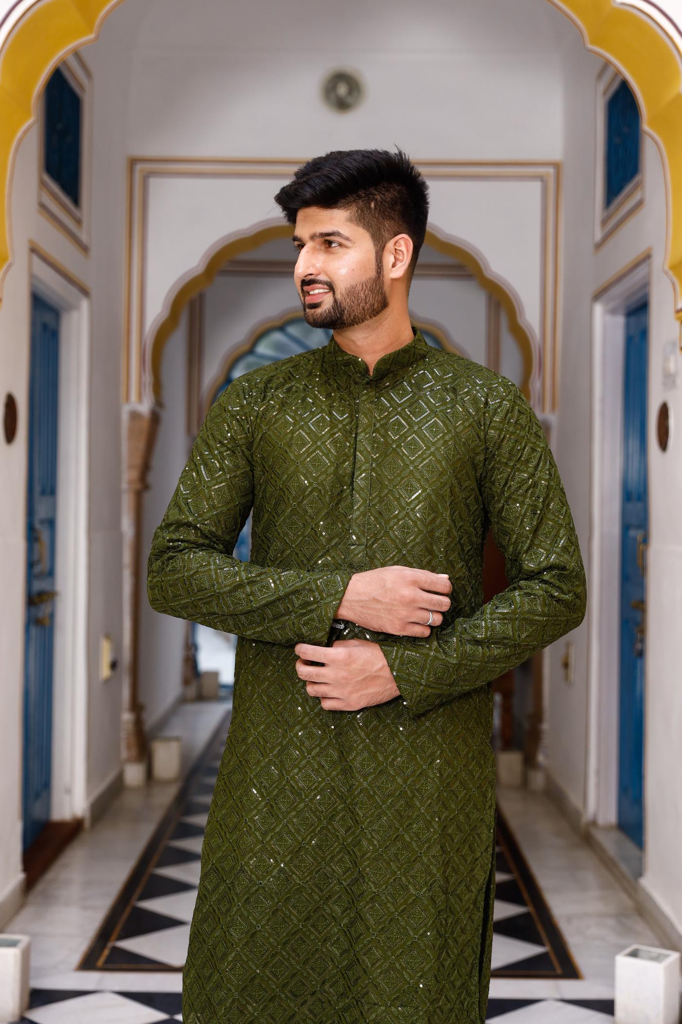 Olive Thread and Sequence Work Men's Kurta set