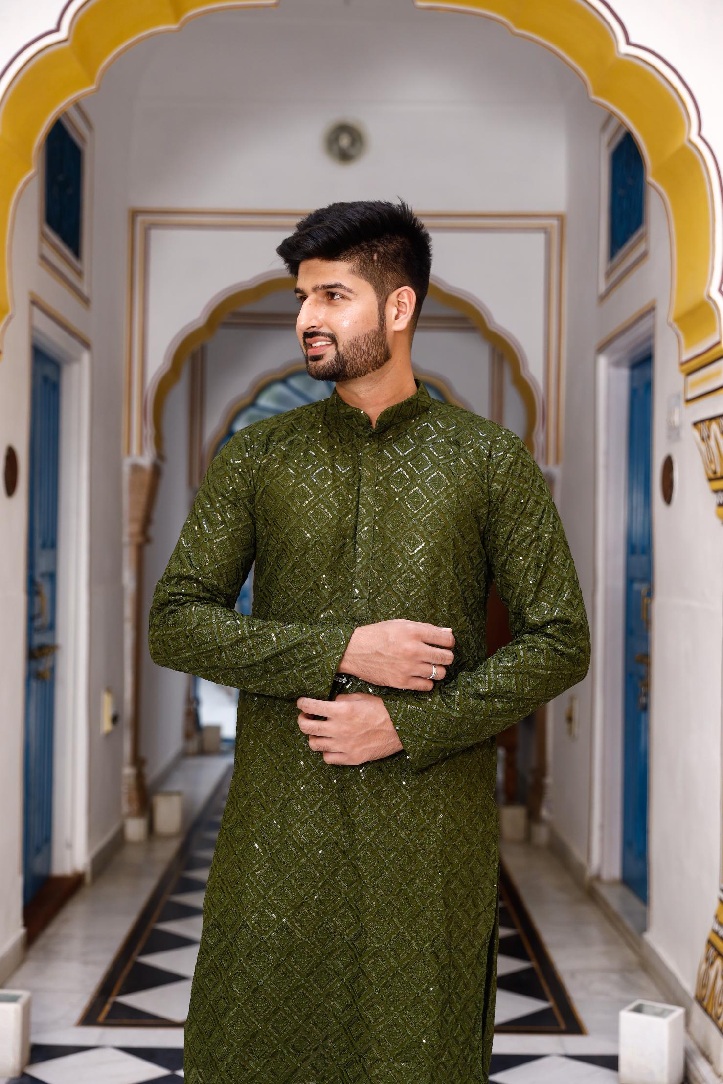 Olive Thread and Sequence Work Men's Kurta set