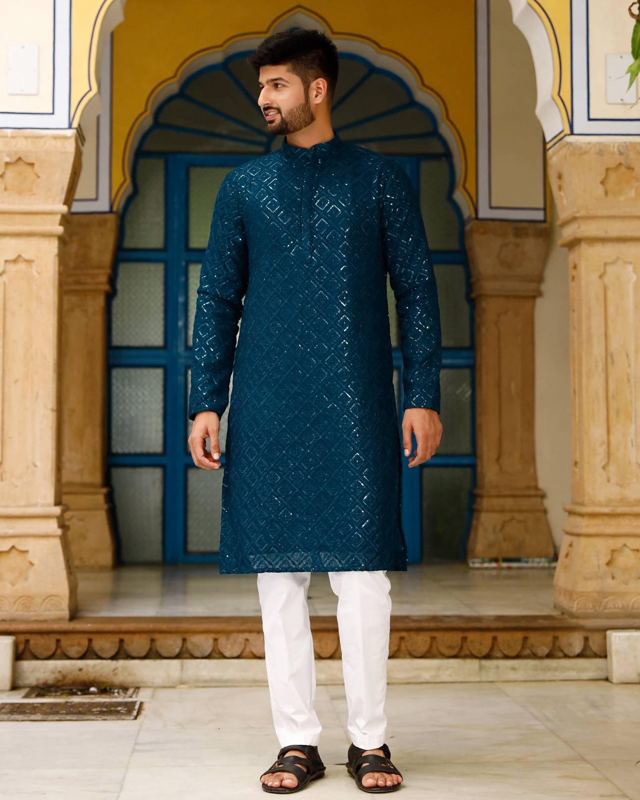 chex blue chicken work kurta set