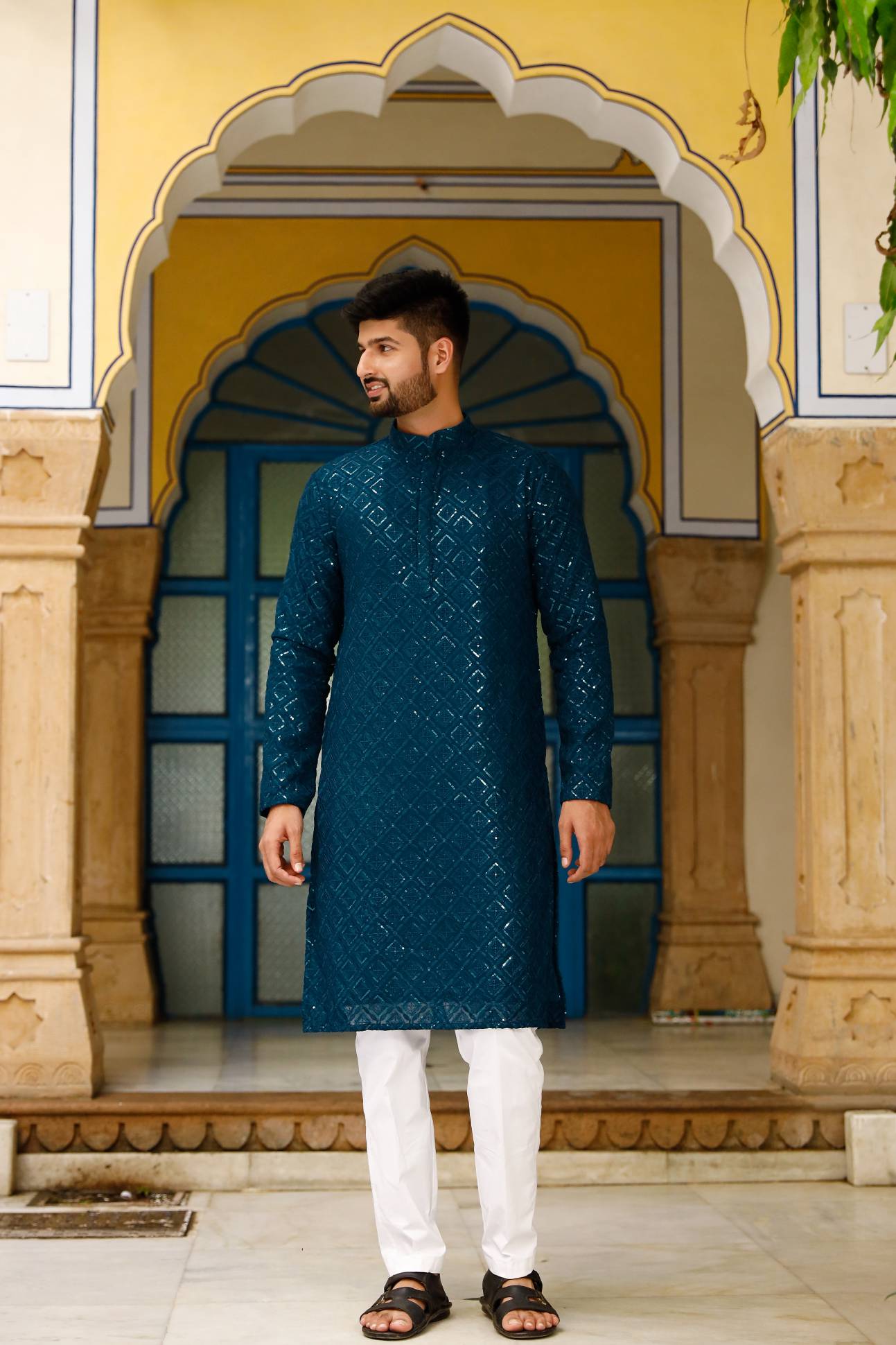chex blue chicken work kurta set