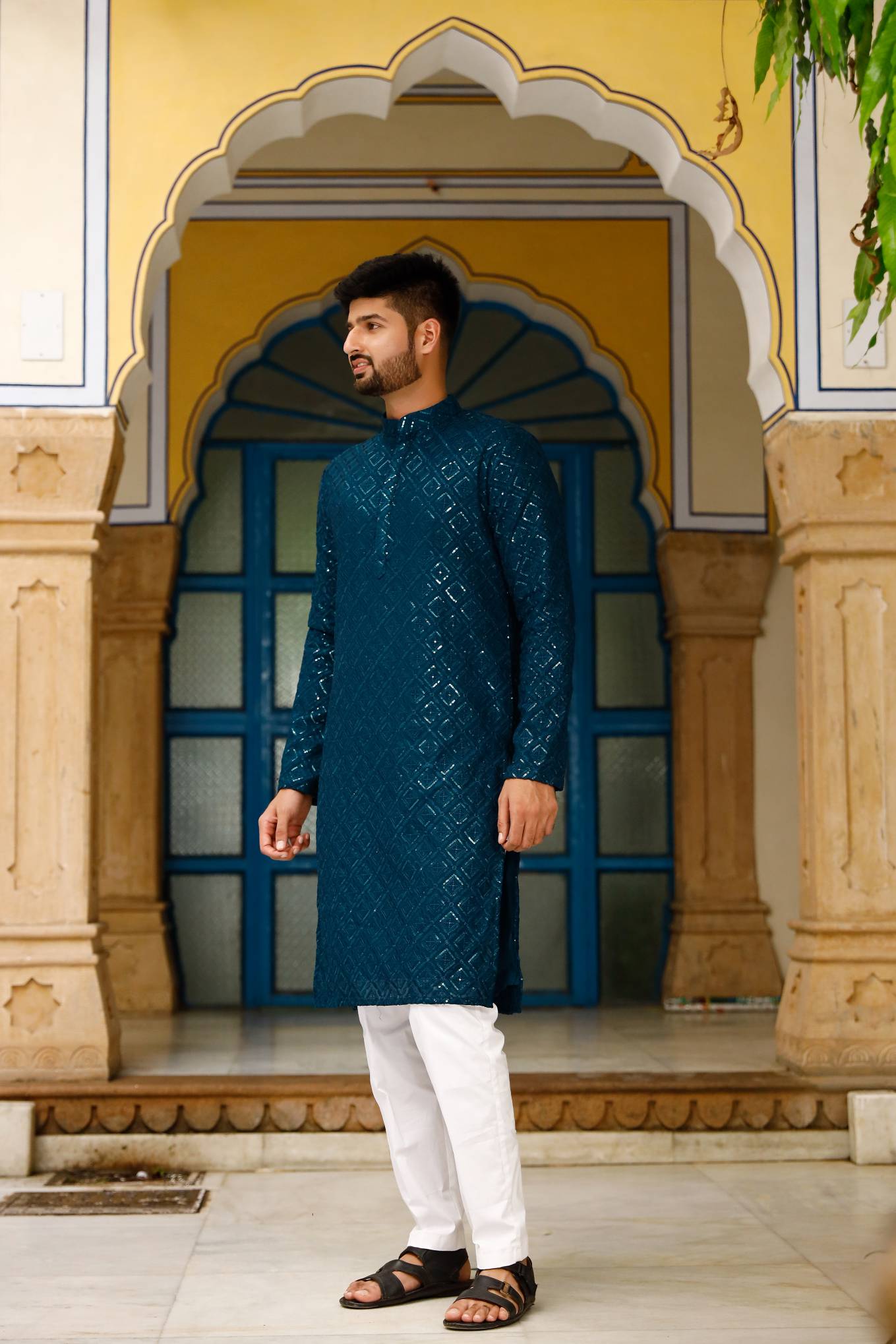 chex blue chicken work kurta set