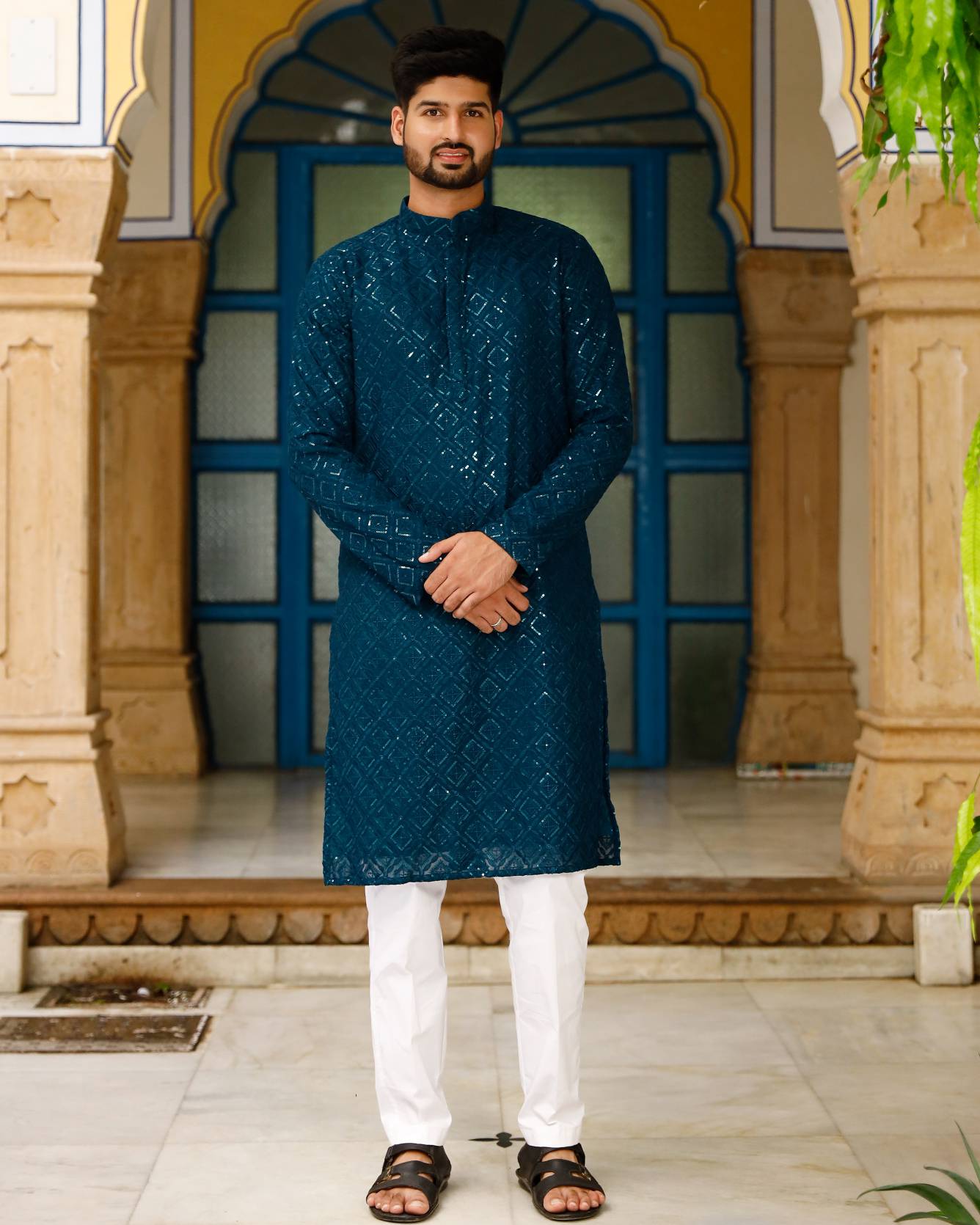 chex blue chicken work kurta set