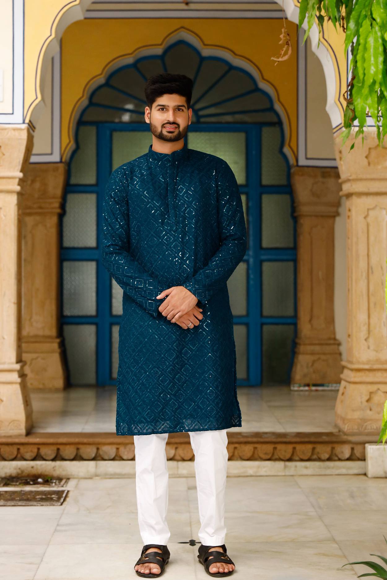 chex blue chicken work kurta set