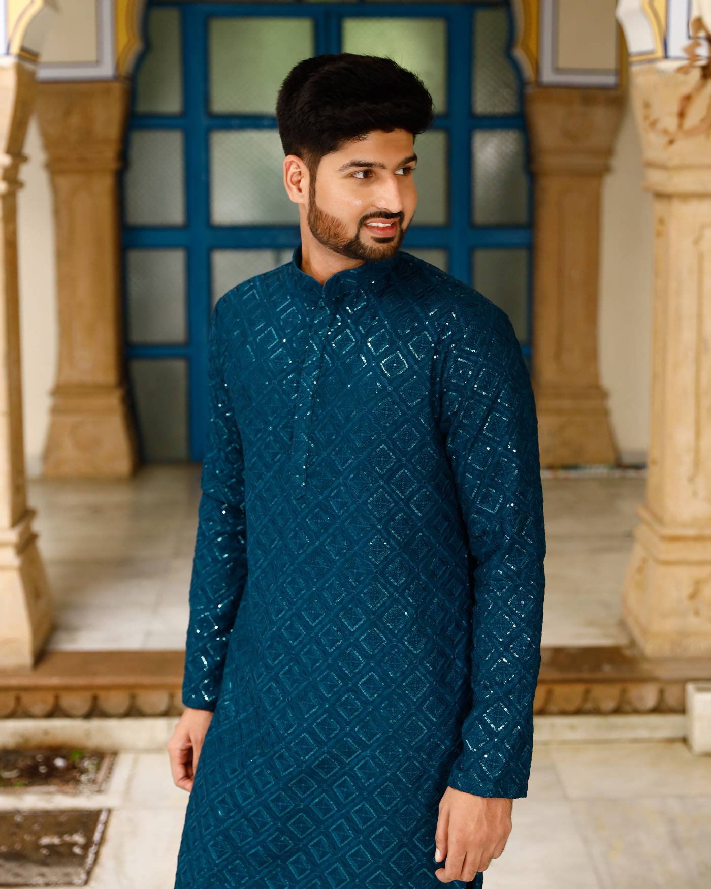 chex blue chicken work kurta set