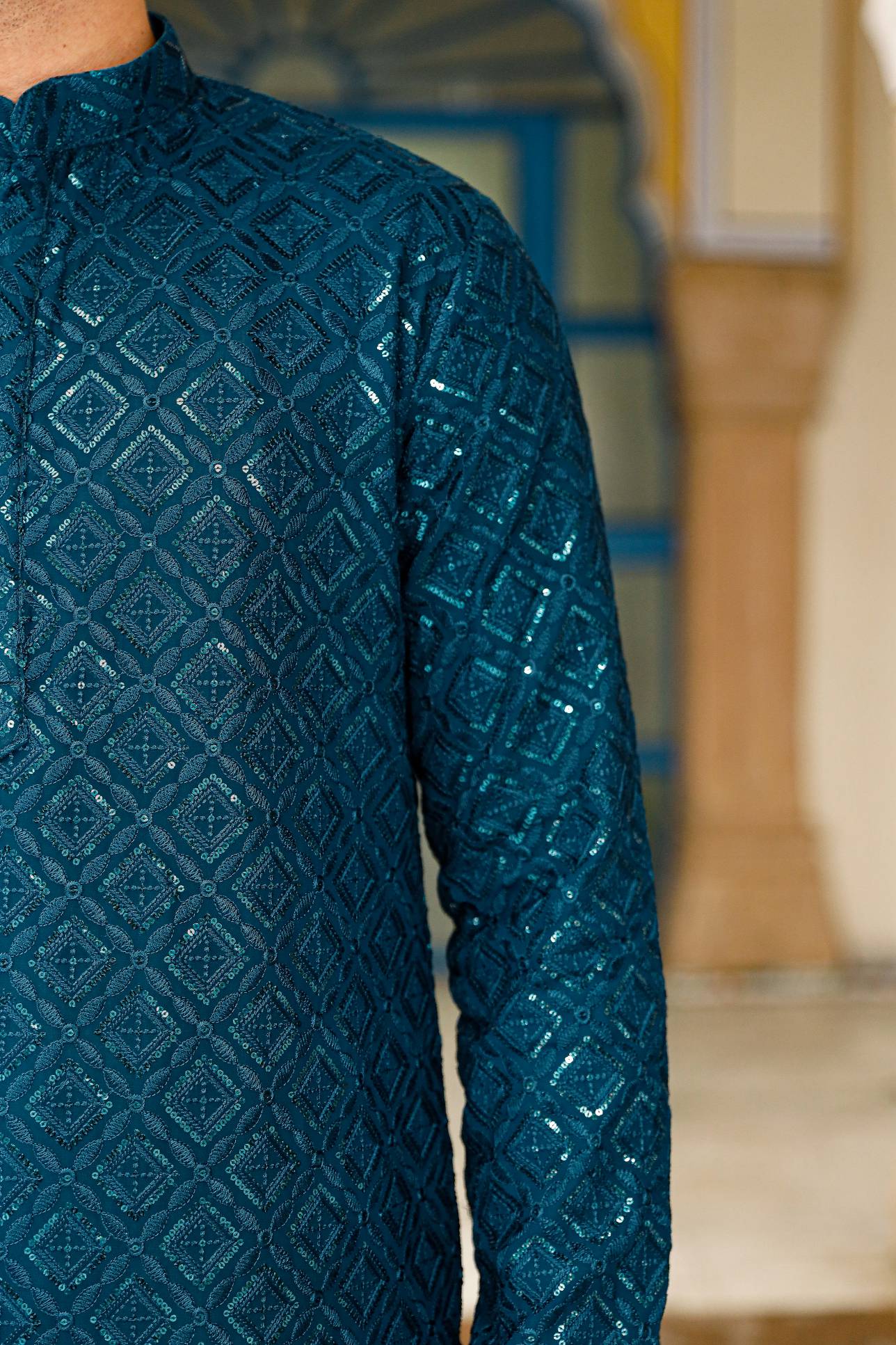 chex blue chicken work kurta set