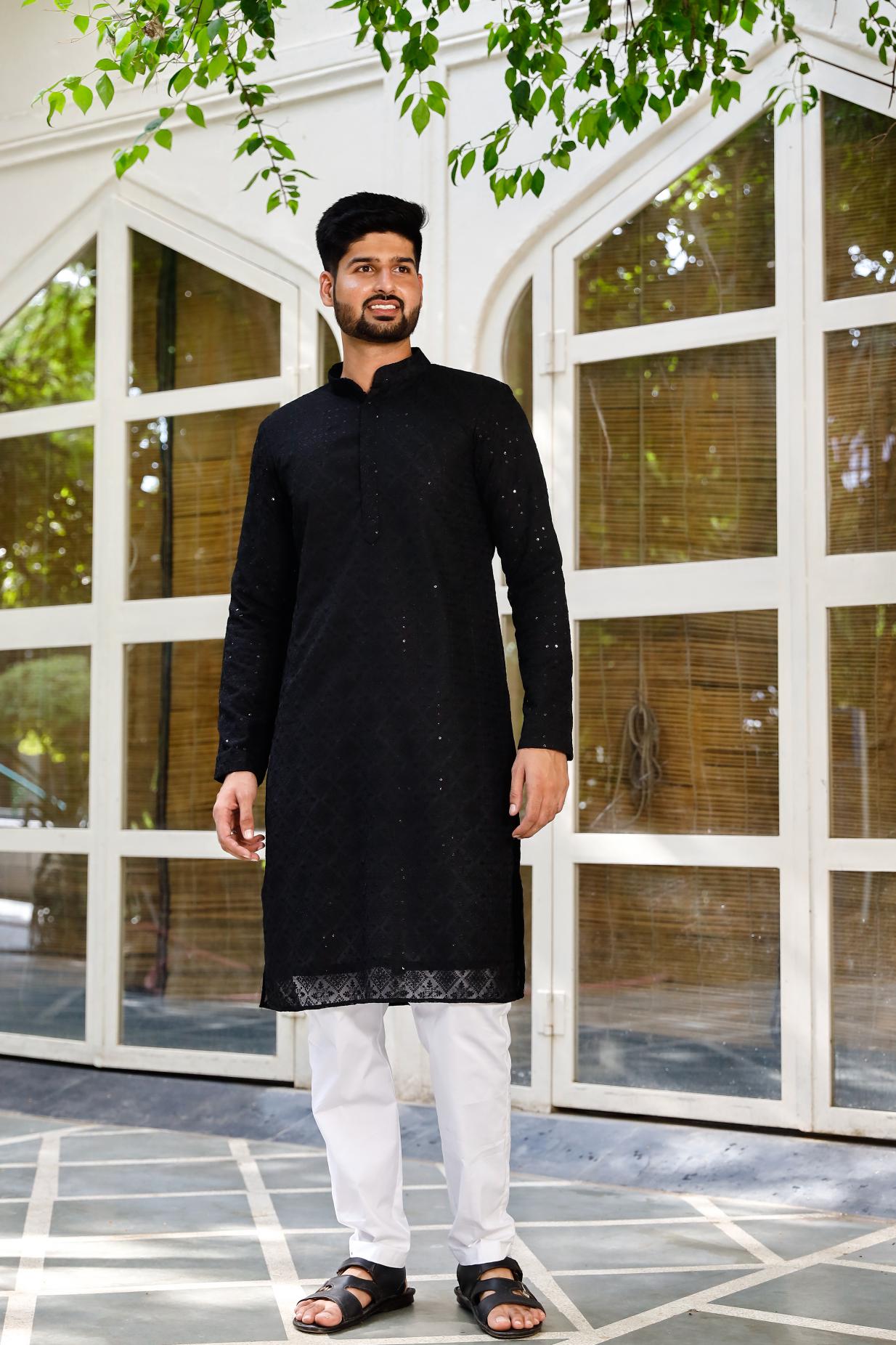 Ranjhha Black Men's Chikenkari Kurta set