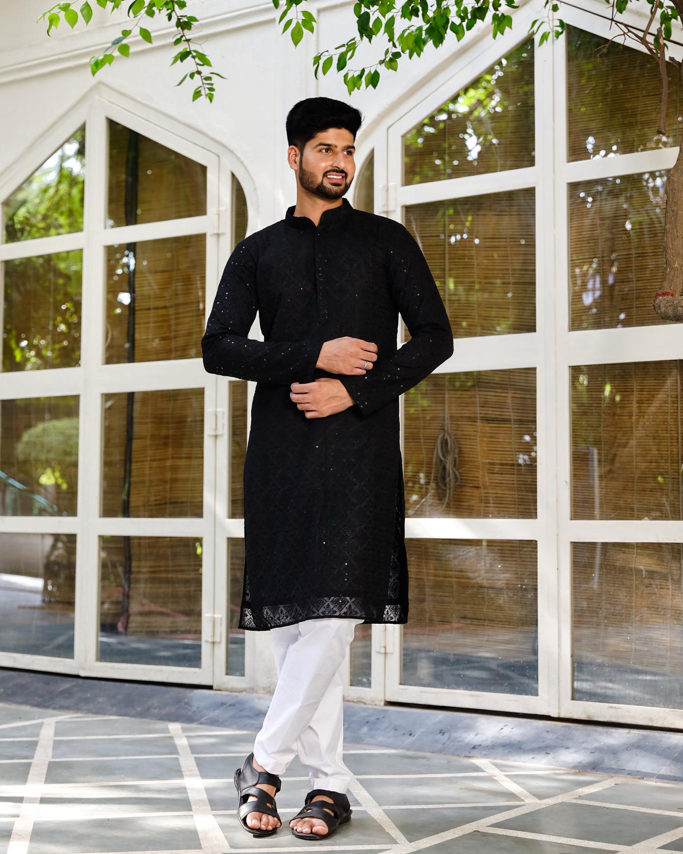 Ranjhha Black Men's Chikenkari Kurta set