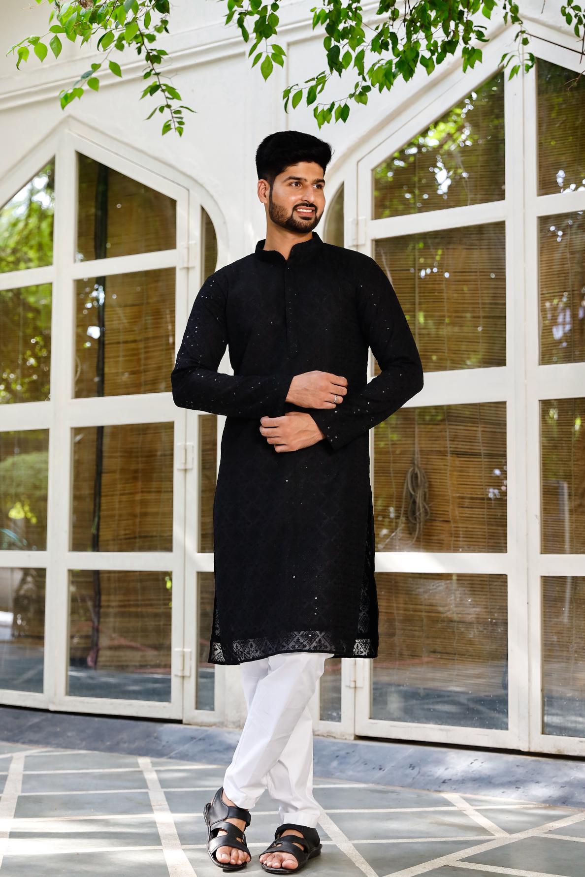 Ranjhha Black Men's Chikenkari Kurta set