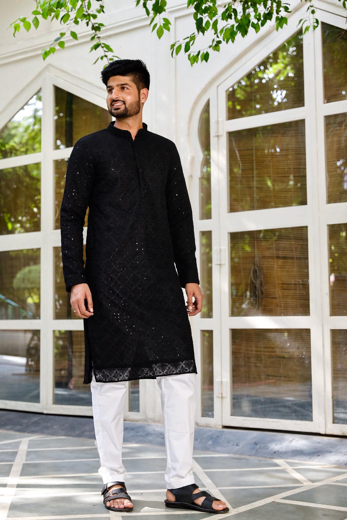 Ranjhha Black Men's Chikenkari Kurta set