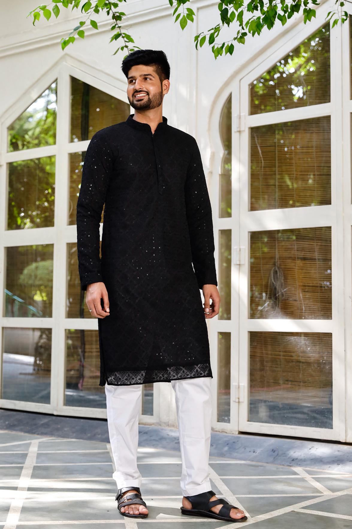 Ranjhha Black Men's Chikenkari Kurta set