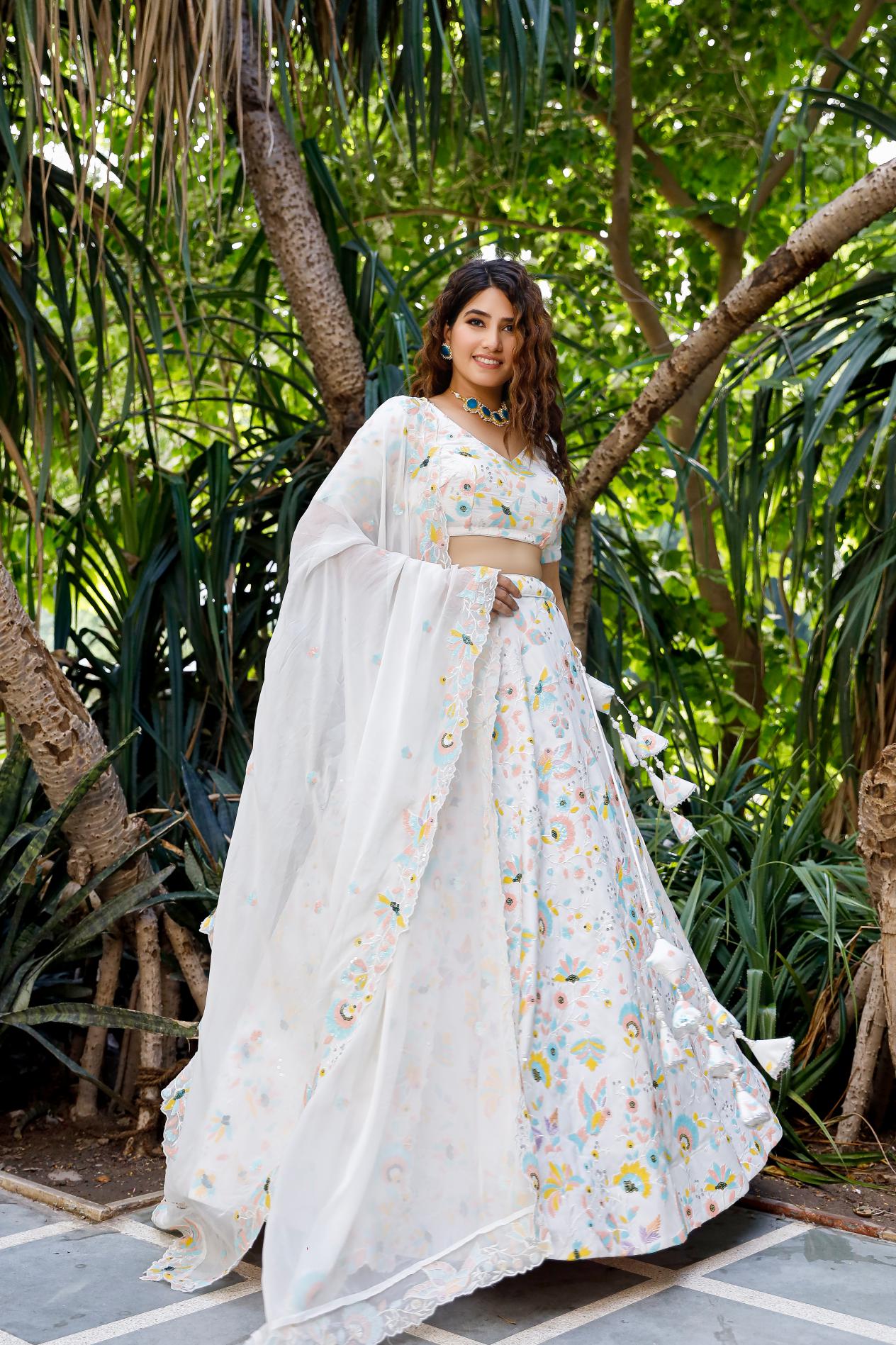 Nikhaar White Lehenga Set With Pastel Sequence Detailing