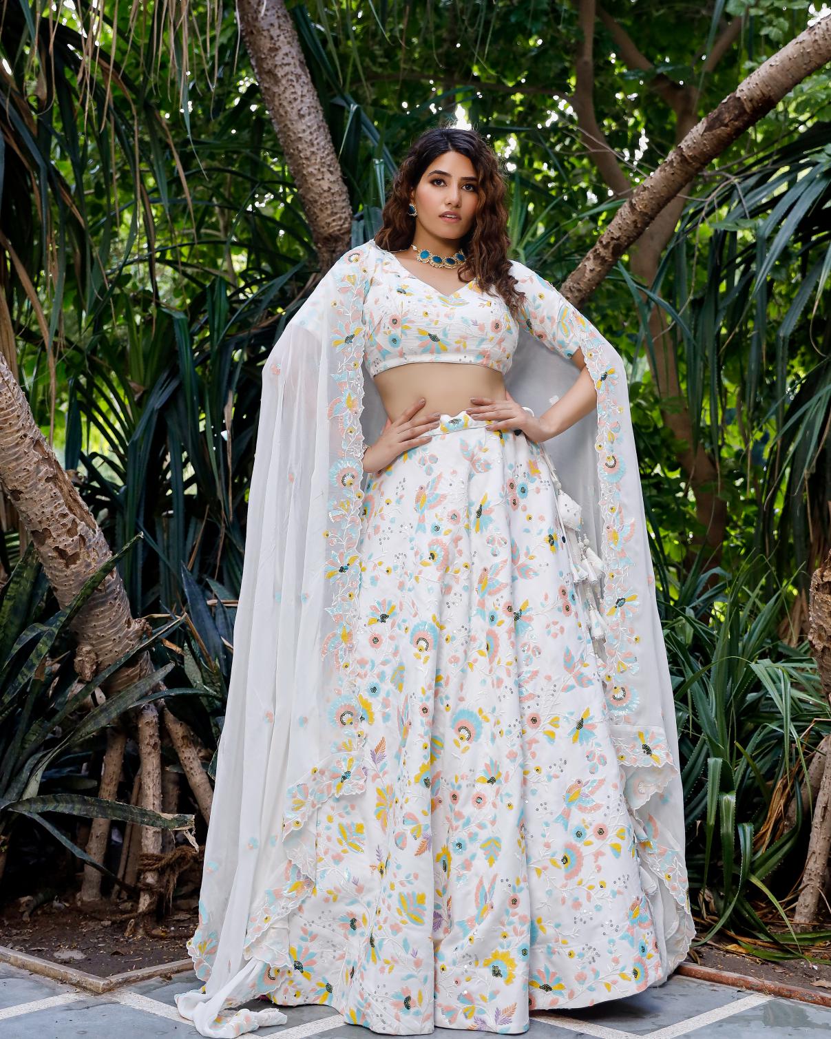 Nikhaar White Lehenga Set With Pastel Sequence Detailing