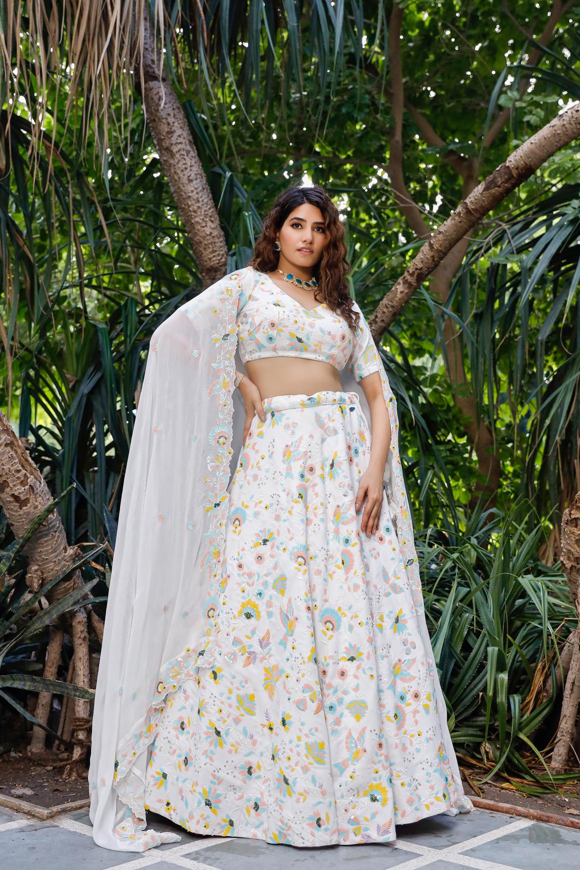 Nikhaar White Lehenga Set With Pastel Sequence Detailing