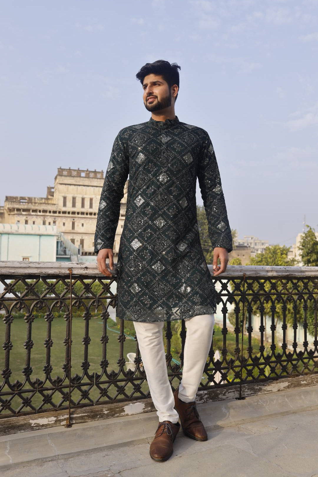 Dark Green Mens single piece kurta