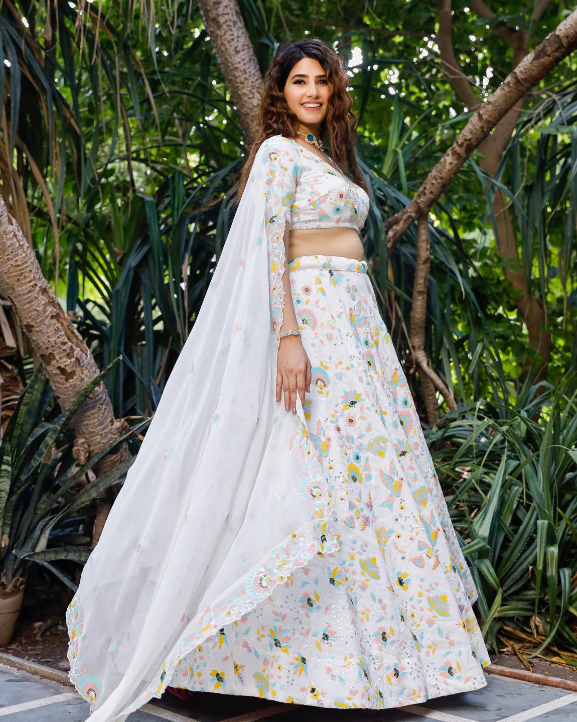 Nikhaar White Lehenga Set With Pastel Sequence Detailing