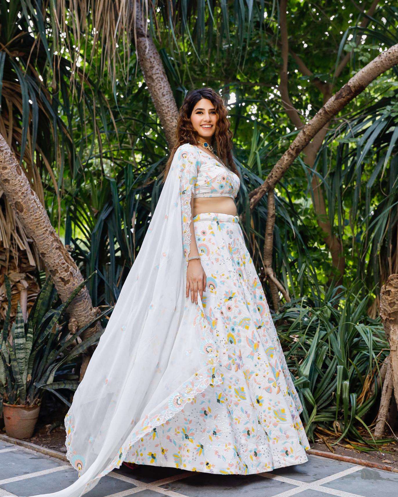 Nikhaar White Lehenga Set With Pastel Sequence Detailing