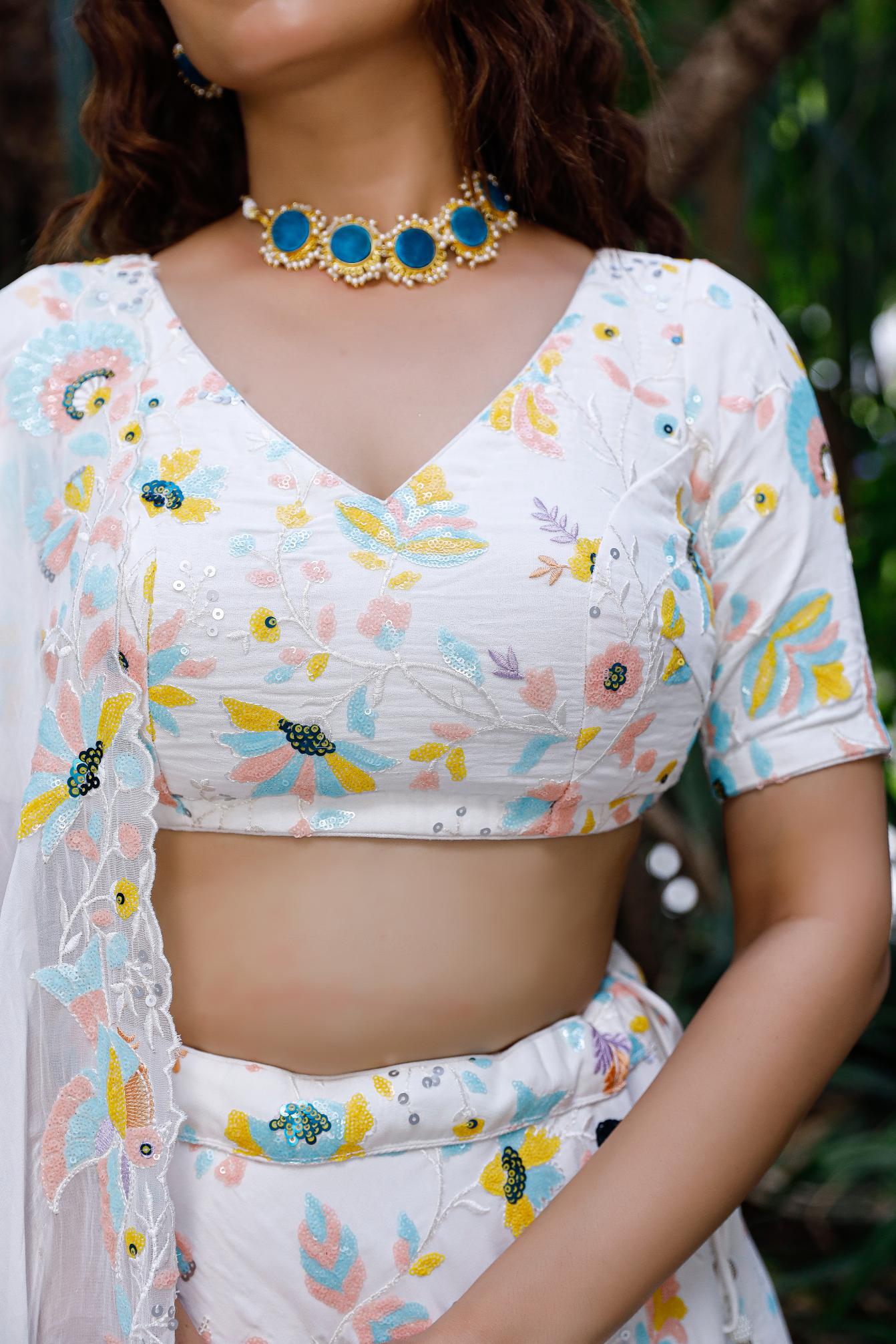 Nikhaar White Lehenga Set With Pastel Sequence Detailing