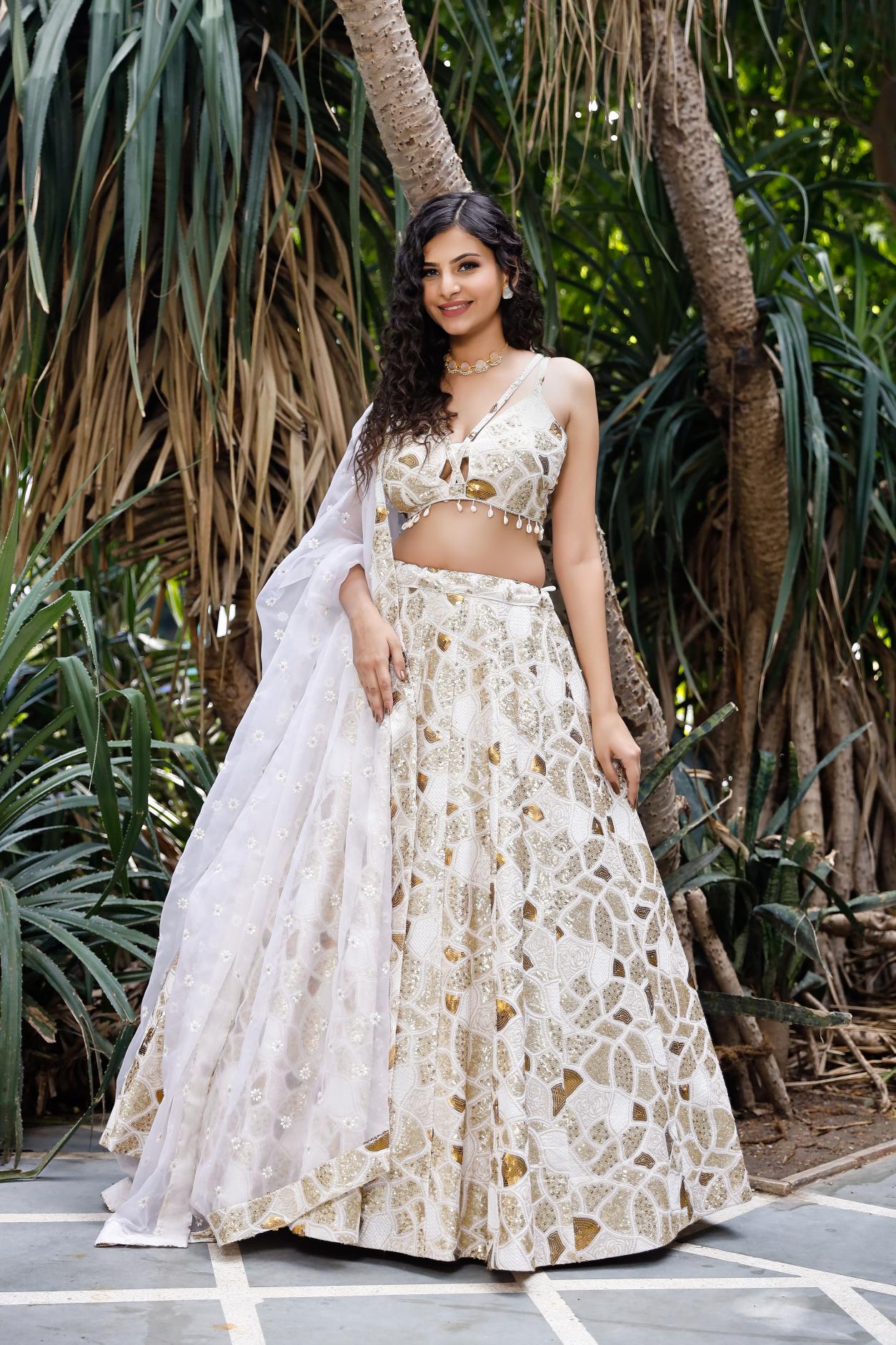 White Multi Sequence Embellished Lehenga Set