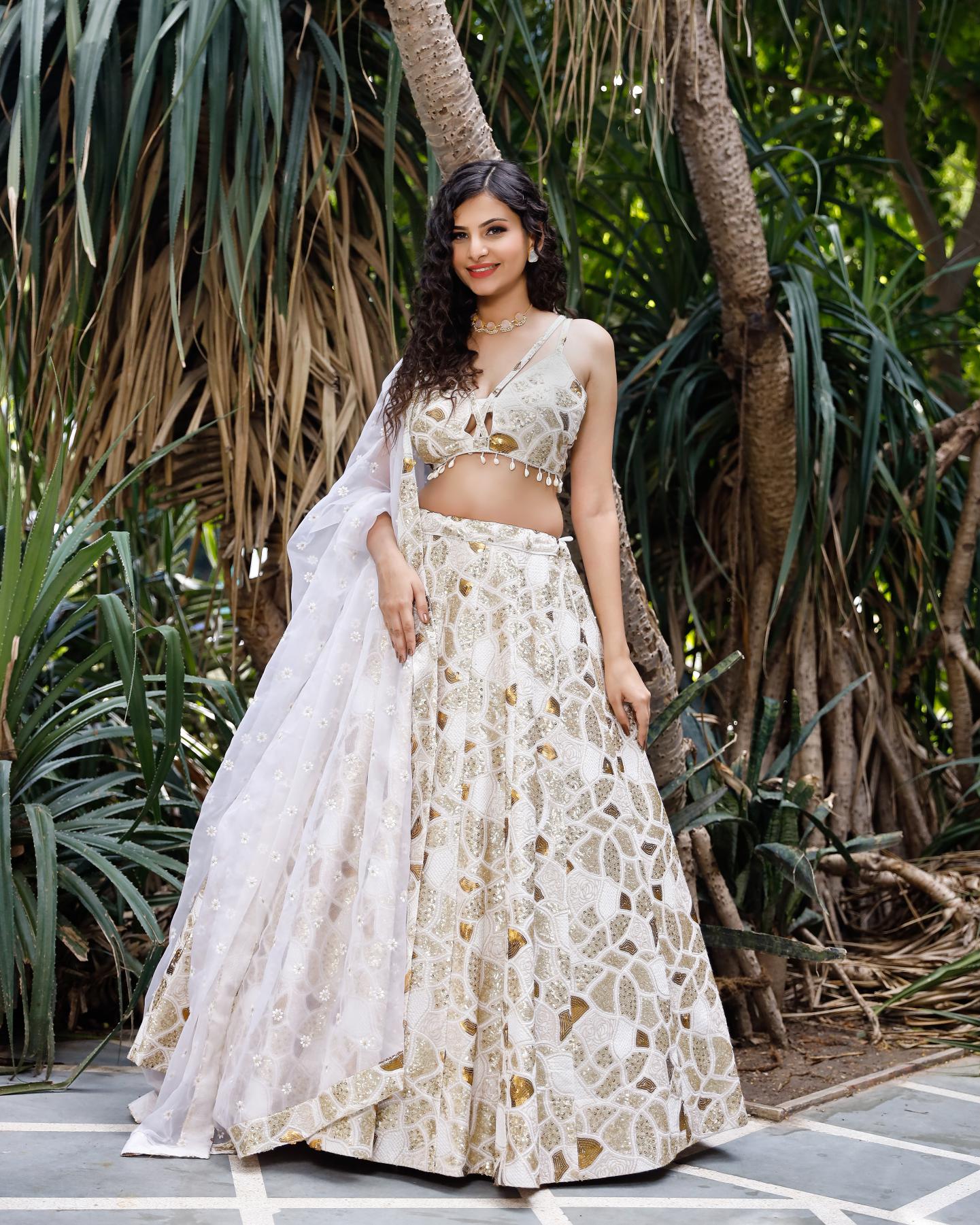 White Multi Sequence Embellished Lehenga Set